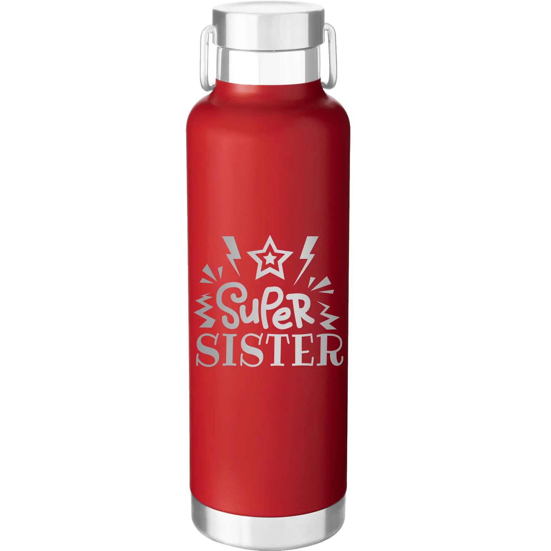 Laser etched red 24 oz vacuum insulated water bottle with 'Super Sister' design