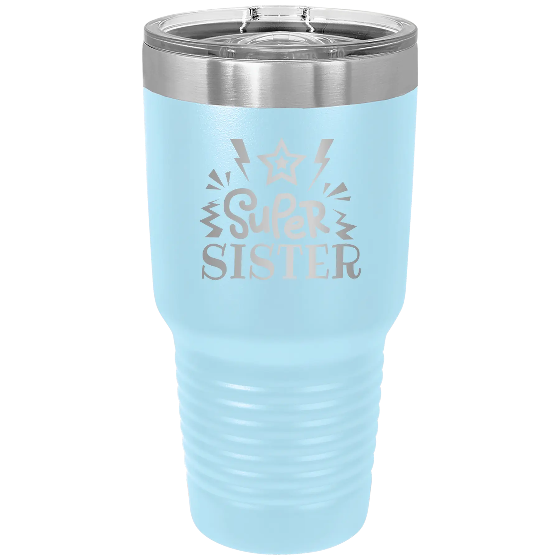 Laser etched light blue 30 oz vacuum insulated tumbler with 'Super Sister' design