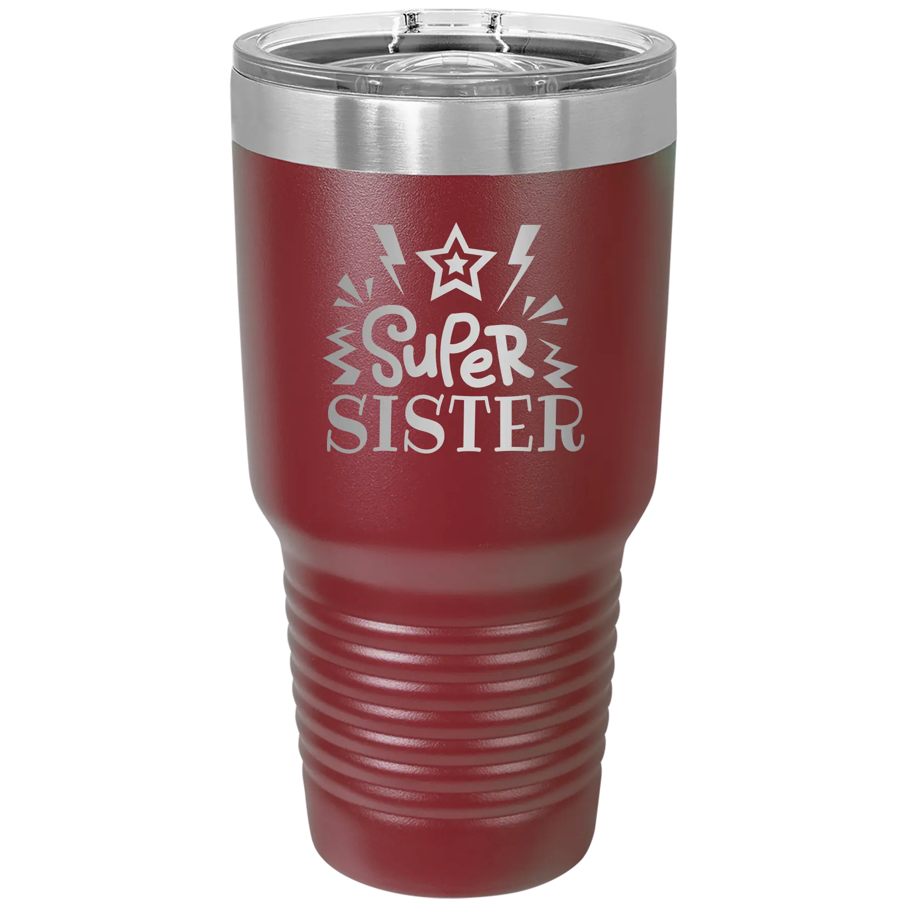 Laser etched maroon 30 oz vacuum insulated tumbler with 'Super Sister' design