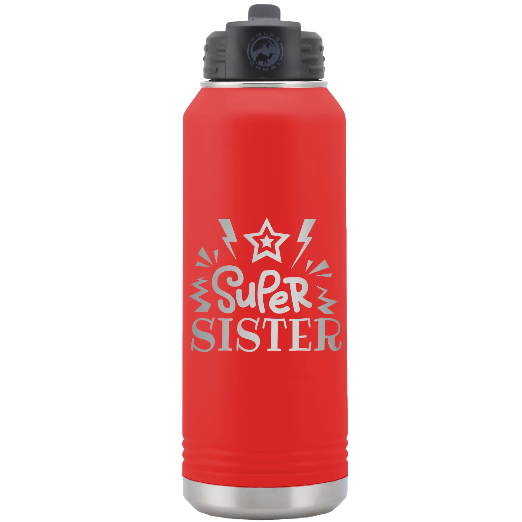 Laser etched red 32 oz vacuum insulated water bottle with 'Super Sister' design