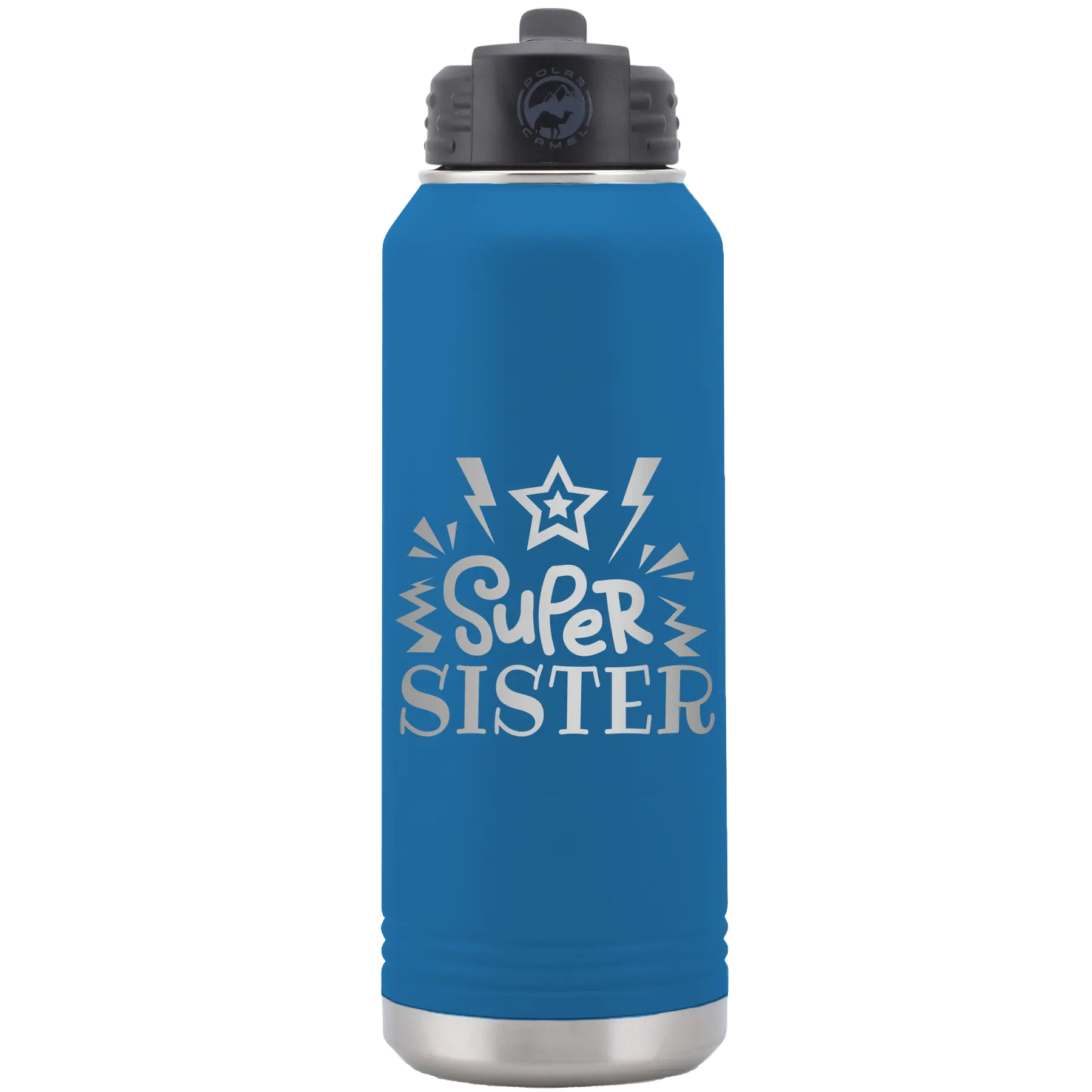 Laser etched royal blue 32 oz vacuum insulated water bottle with 'Super Sister' design