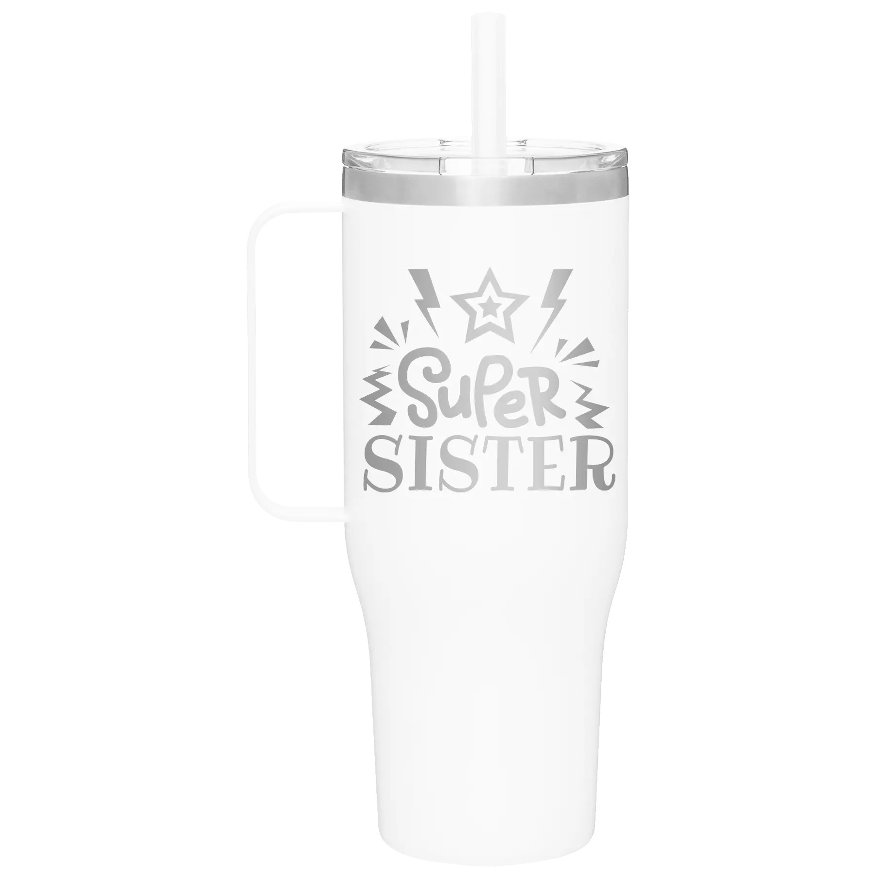 Laser etched white 40 oz vacuum insulated tumbler mug with 'Super Sister' design