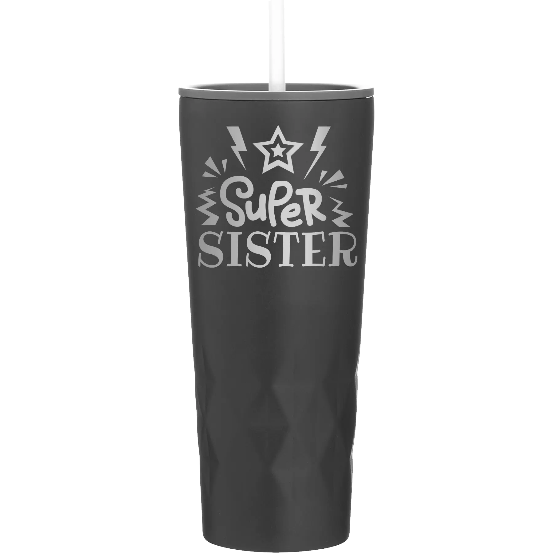 Laser etched black 20 oz vacuum insulated tumbler with 'Super Sister' design