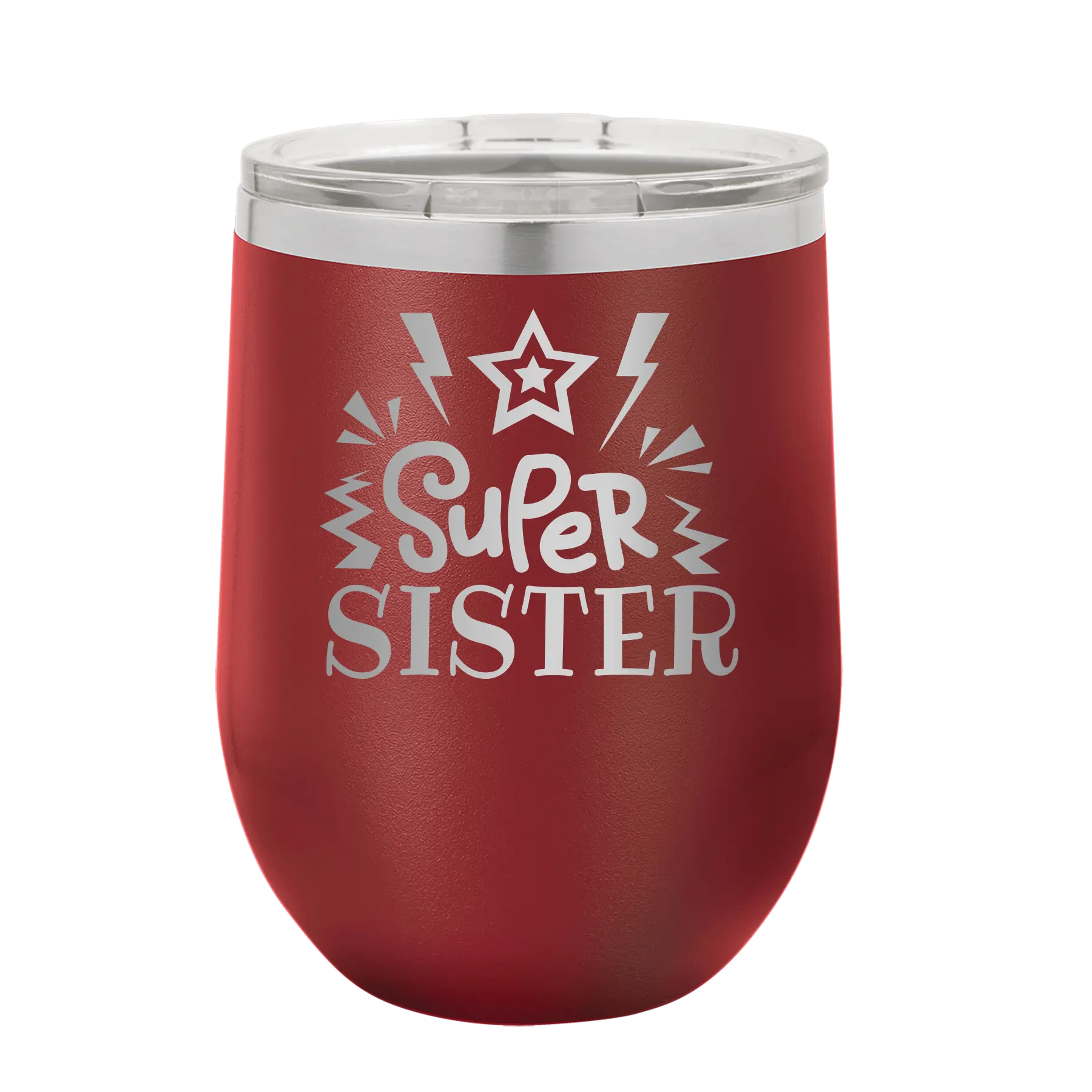 Laser etched maroon 12 oz vacuum insulated wine cup with 'Super Sister' design