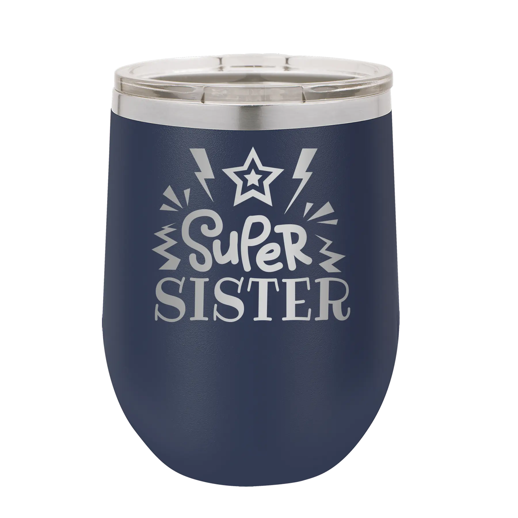 Laser etched navy 12 oz vacuum insulated wine cup with 'Super Sister' design