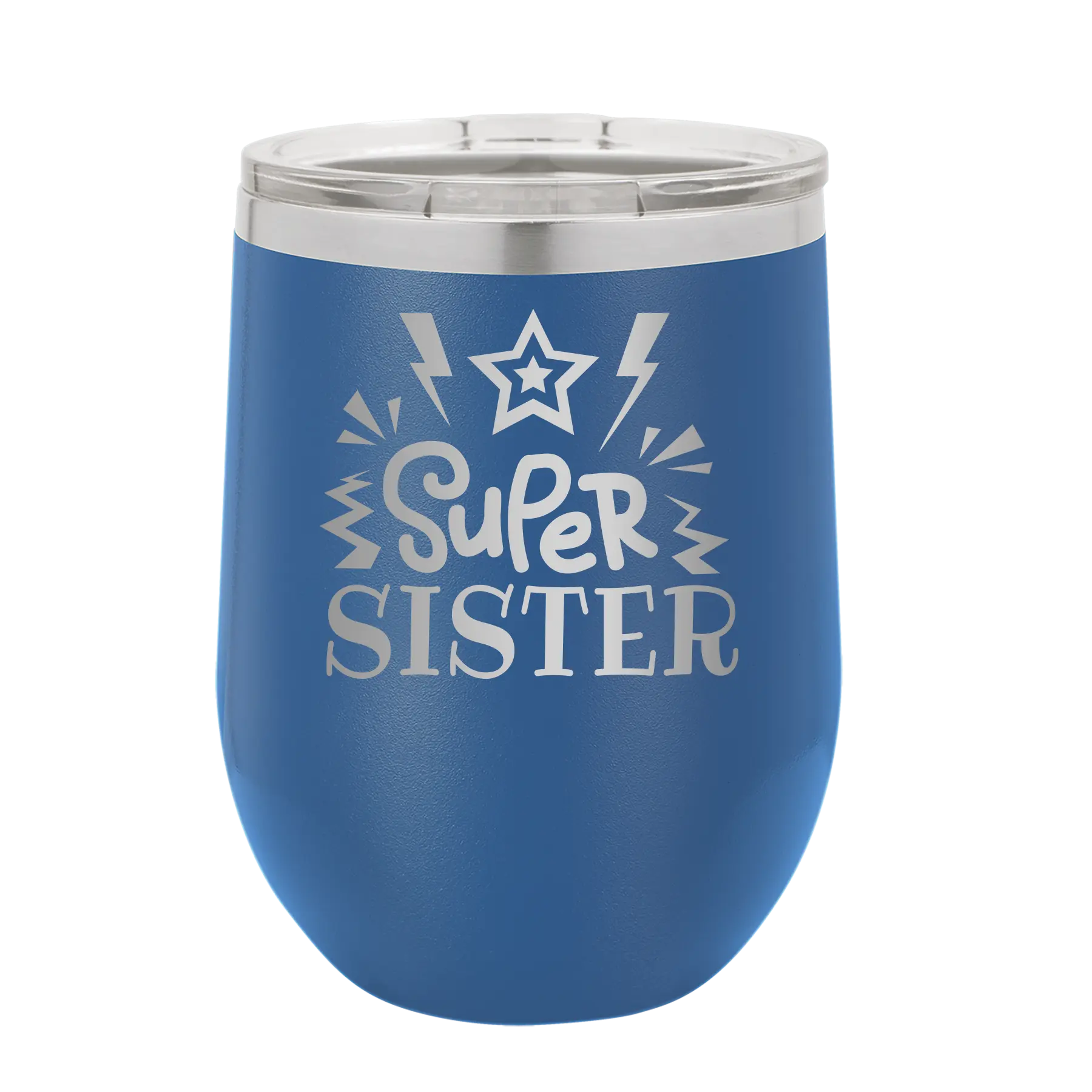 Laser etched royal blue 12 oz vacuum insulated wine cup with 'Super Sister' design