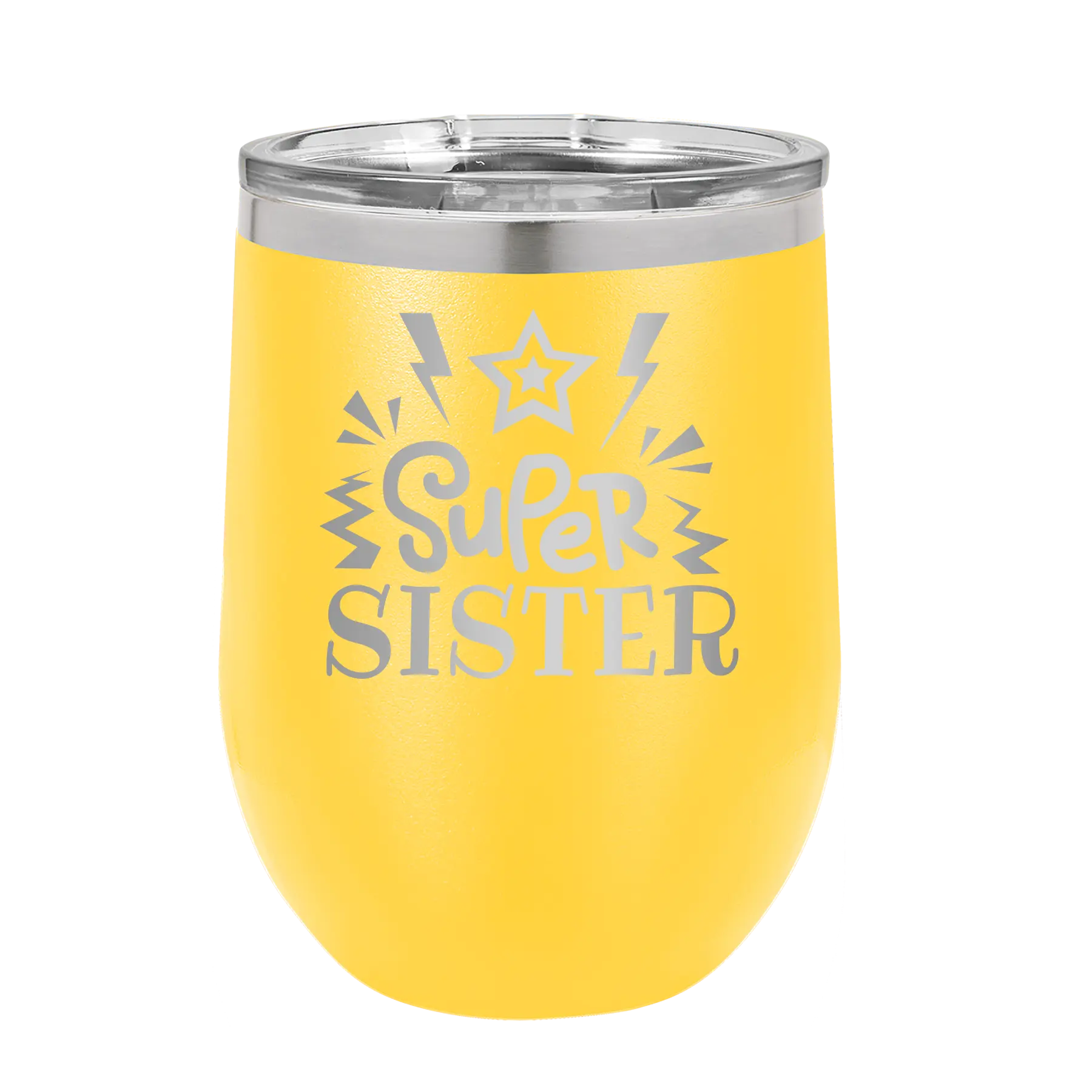 Laser etched yellow 12 oz vacuum insulated wine cup with 'Super Sister' design