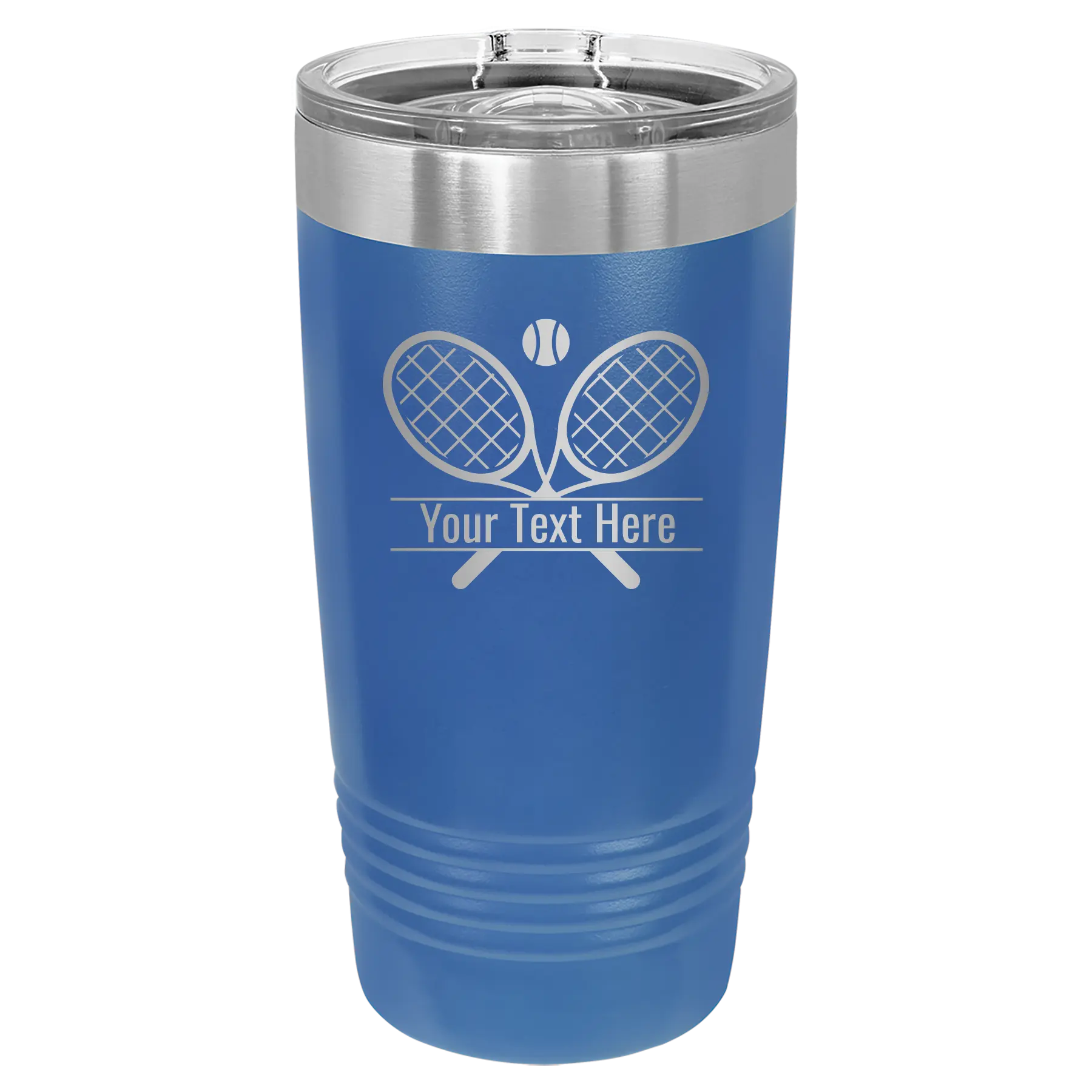 Personalized royal blue 20 oz vacuum insulated tumbler with 'Tennis' design