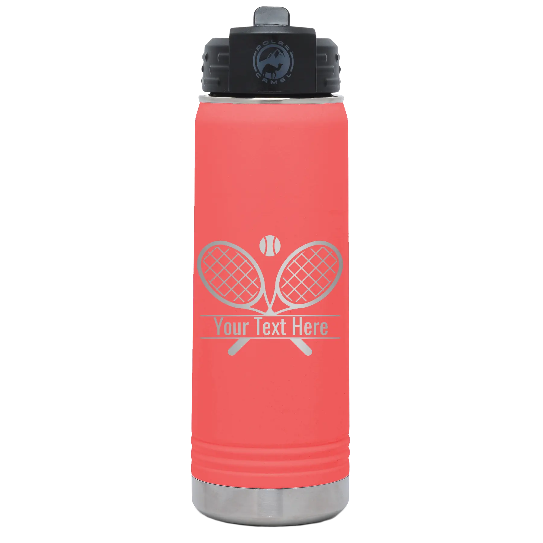 Personalized coral 20 oz vacuum insulated water bottle with 'Tennis' design
