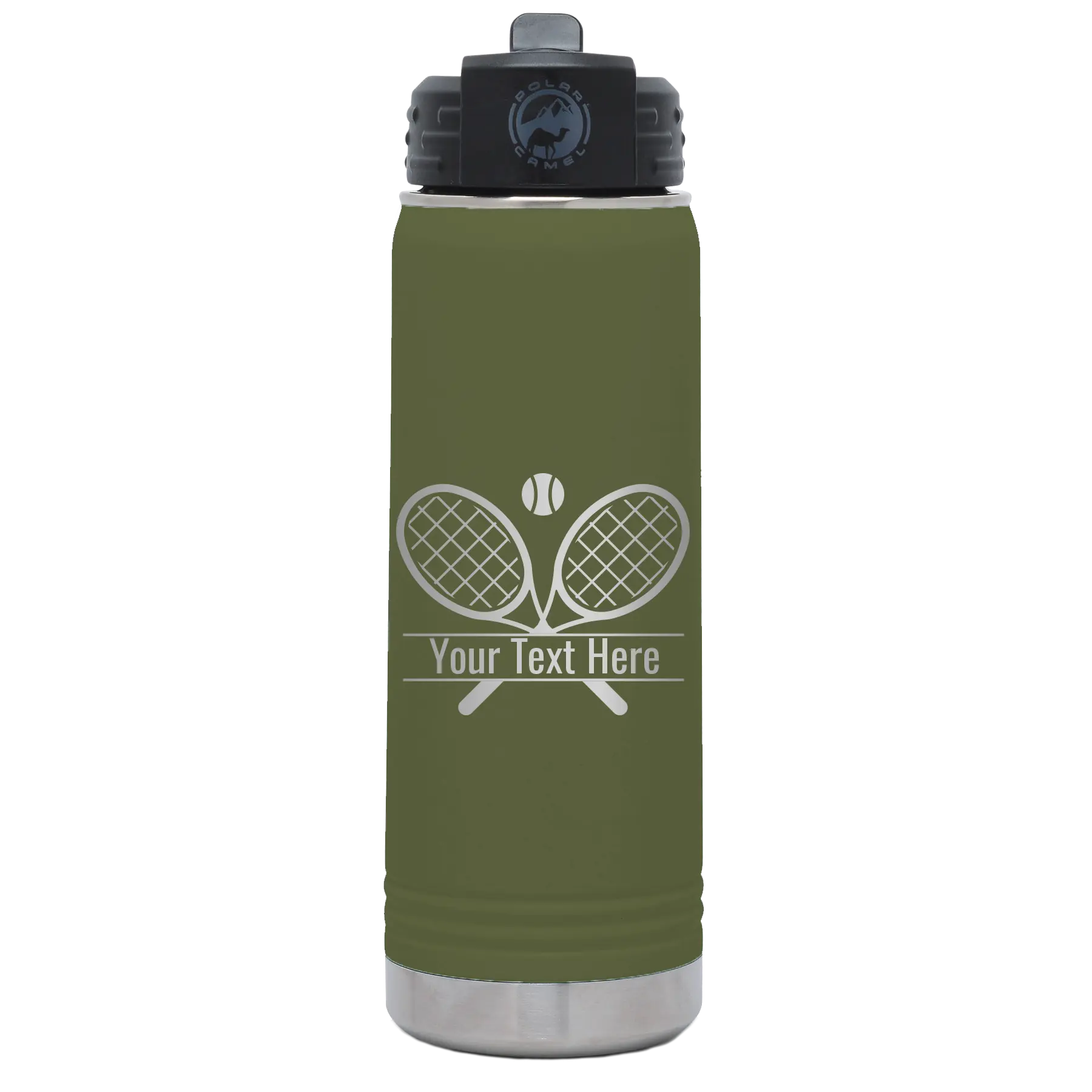 Personalized olive green 20 oz vacuum insulated water bottle with 'Tennis' design
