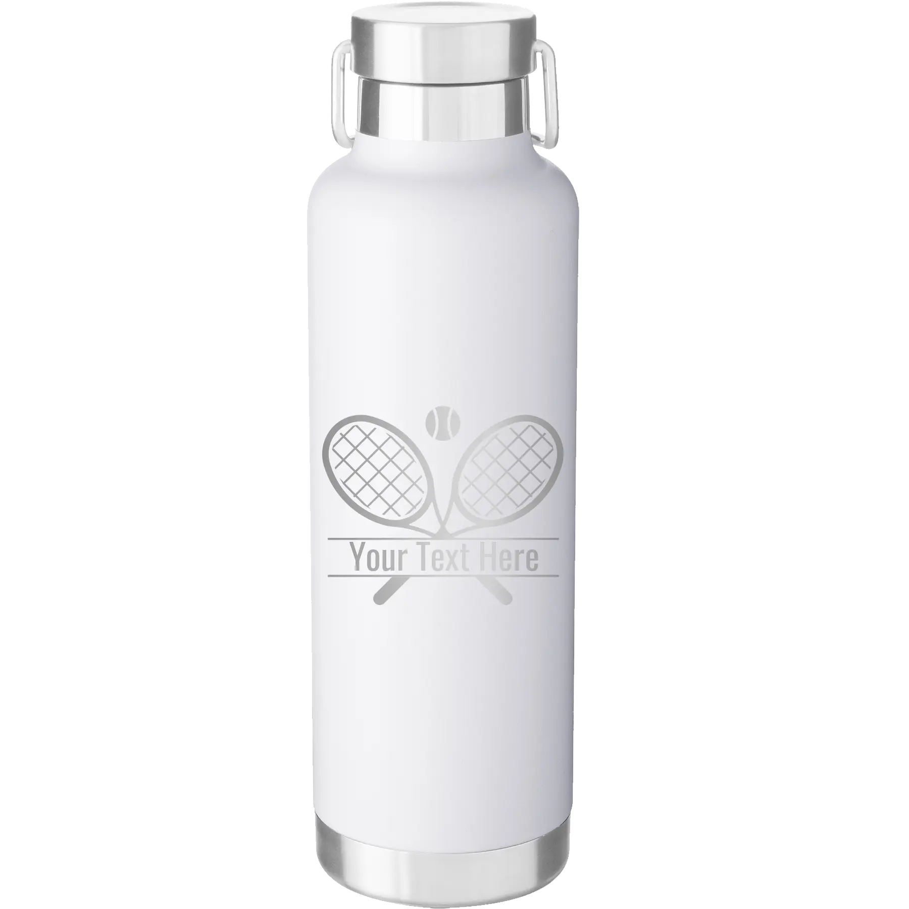 Personalized white 24 oz vacuum insulated water bottle with 'Tennis' design