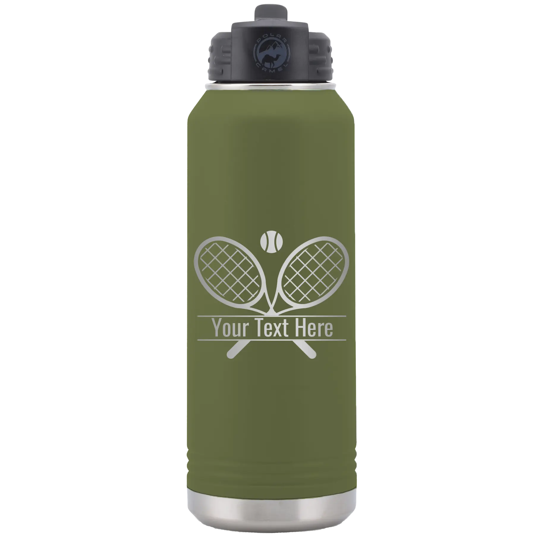 Personalized olive green 32 oz vacuum insulated water bottle with 'Tennis' design