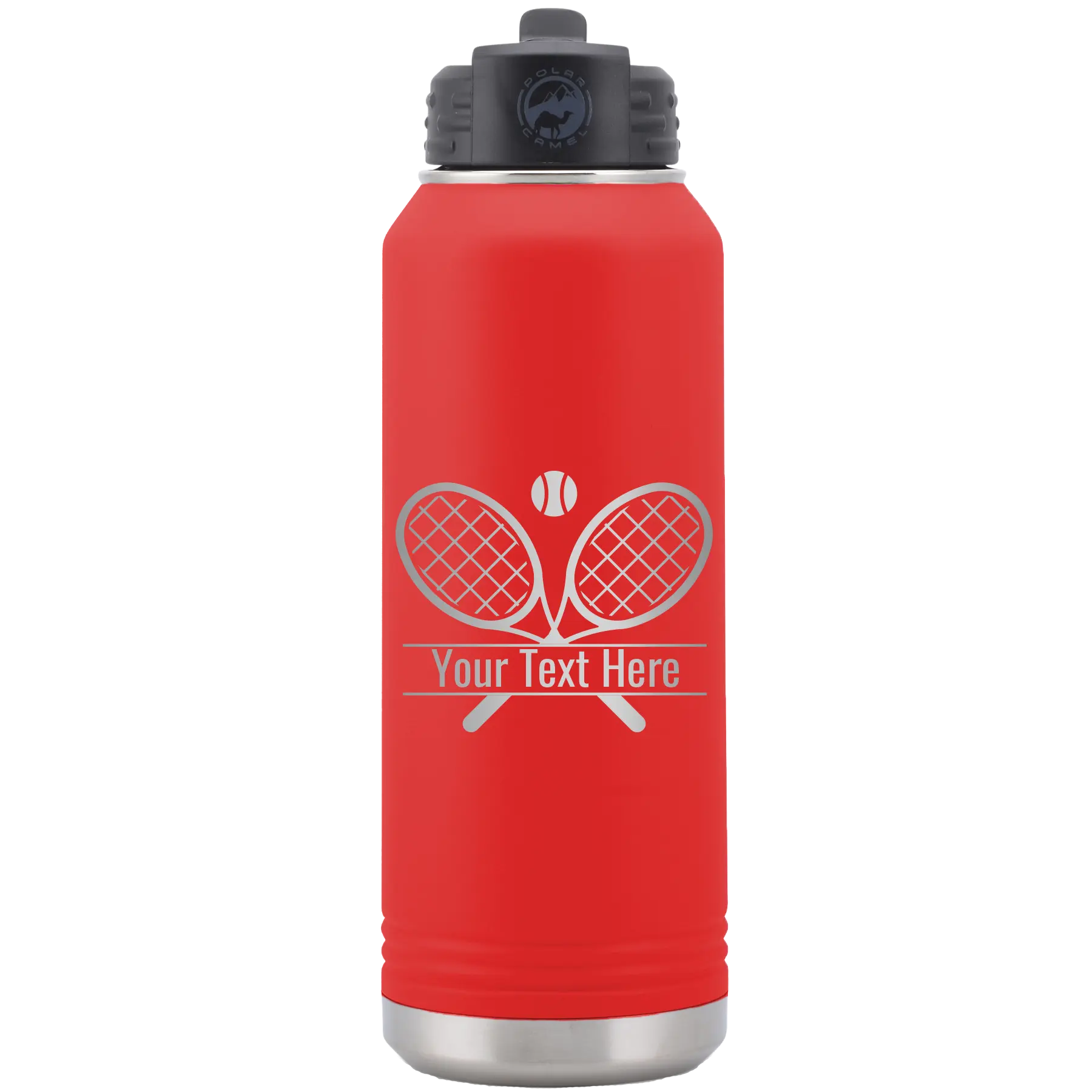 Personalized red 32 oz vacuum insulated water bottle with 'Tennis' design