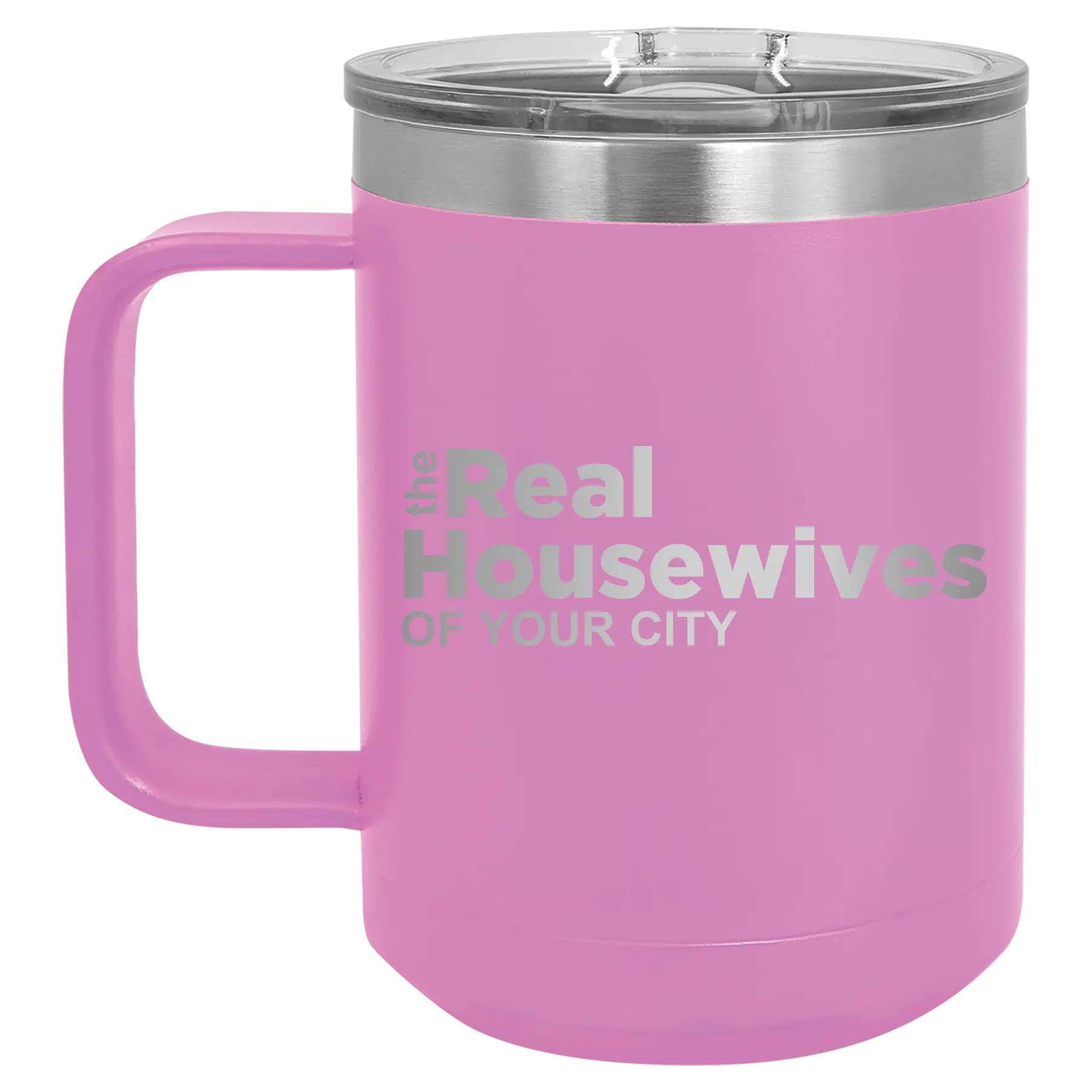 Personalized light purple 15 oz vacuum insulated coffee mug with 'The Real Housewives' design