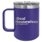 Personalized purple 15 oz vacuum insulated coffee mug with 'The Real Housewives' design