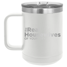 Personalized white 15 oz vacuum insulated coffee mug with 'The Real Housewives' design