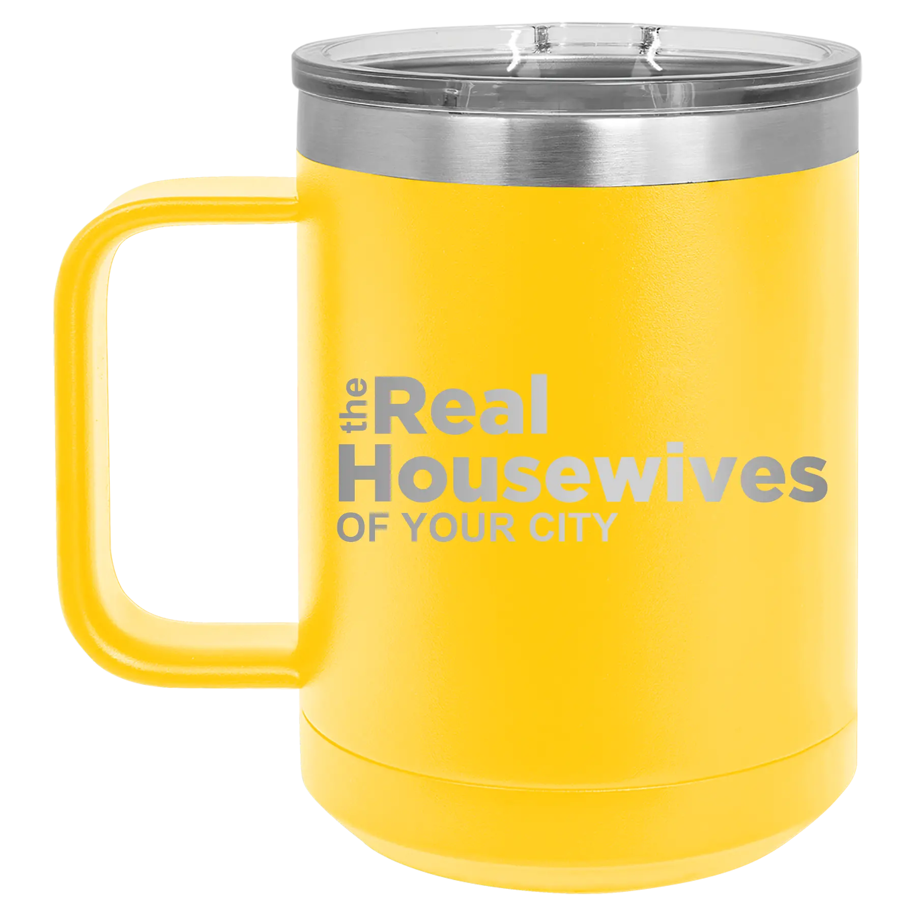 Personalized yellow 15 oz vacuum insulated coffee mug with 'The Real Housewives' design