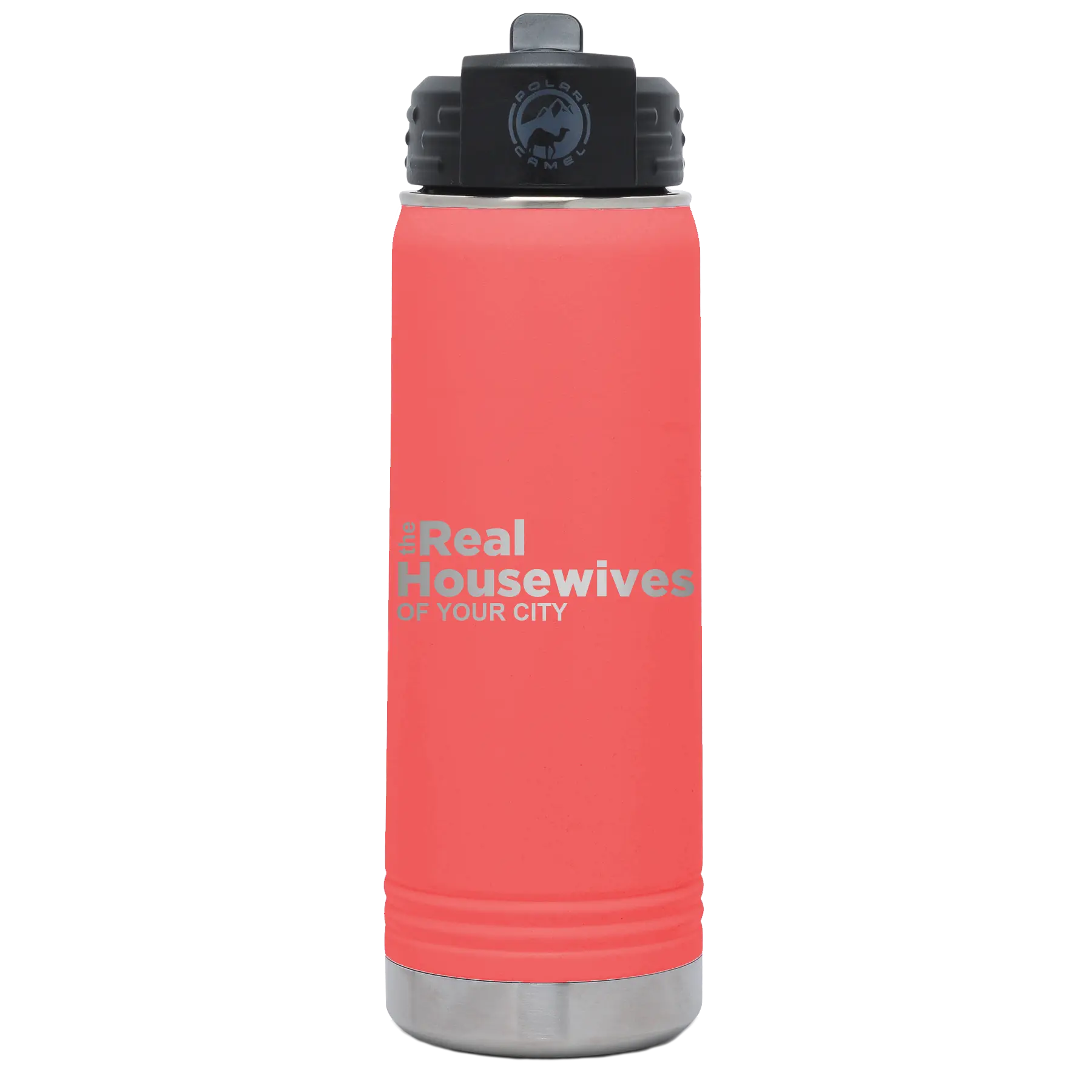 Personalized coral 20 oz vacuum insulated water bottle with 'The Real Housewives' design