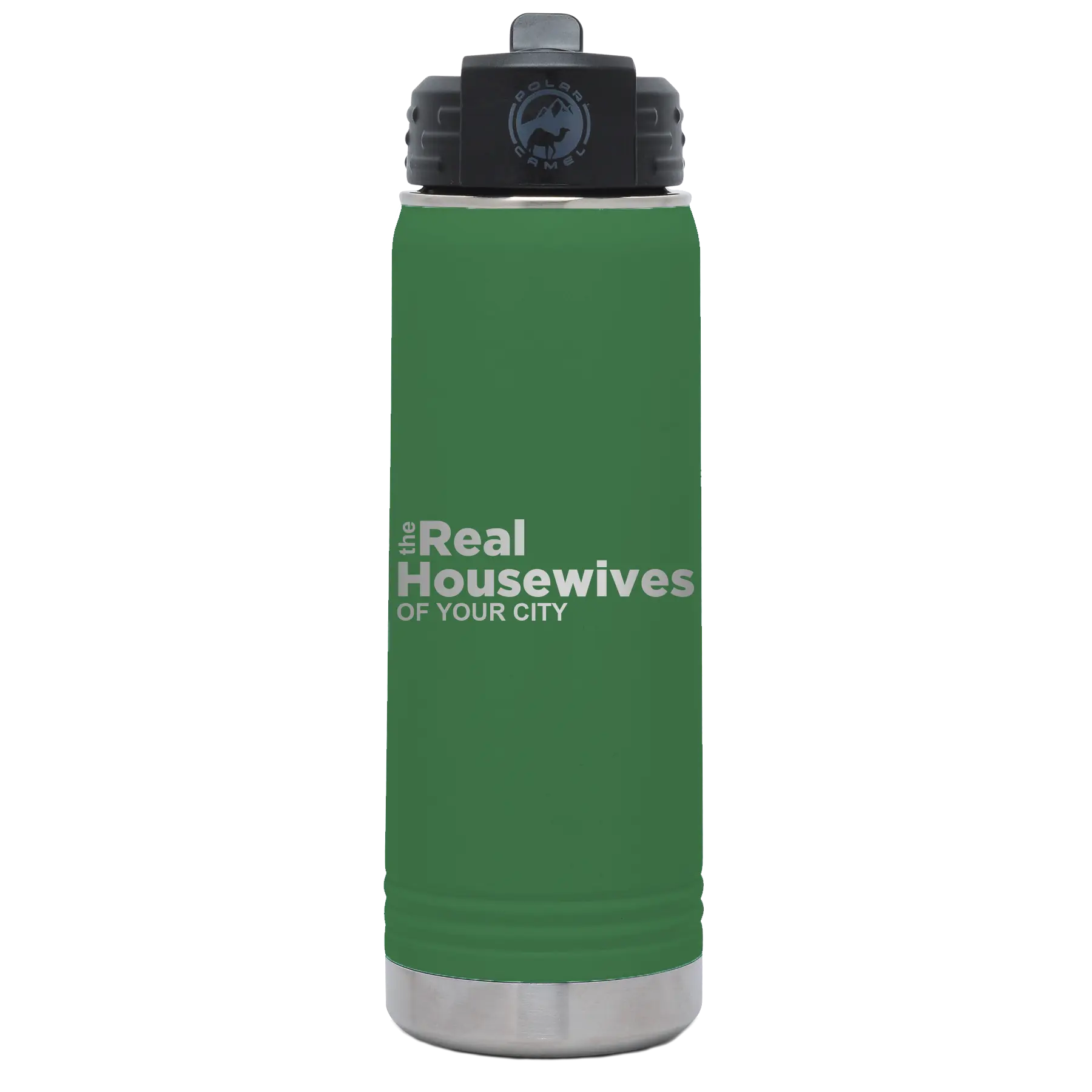 Personalized green 20 oz vacuum insulated water bottle with 'The Real Housewives' design