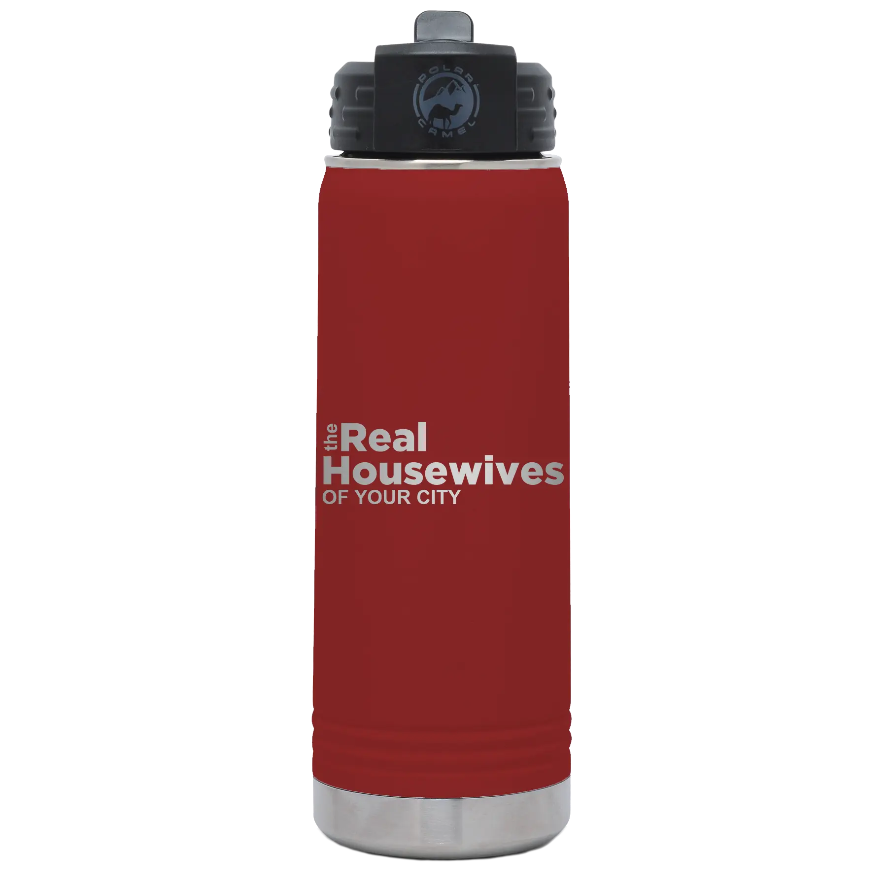 Personalized maroon 20 oz vacuum insulated water bottle with 'The Real Housewives' design