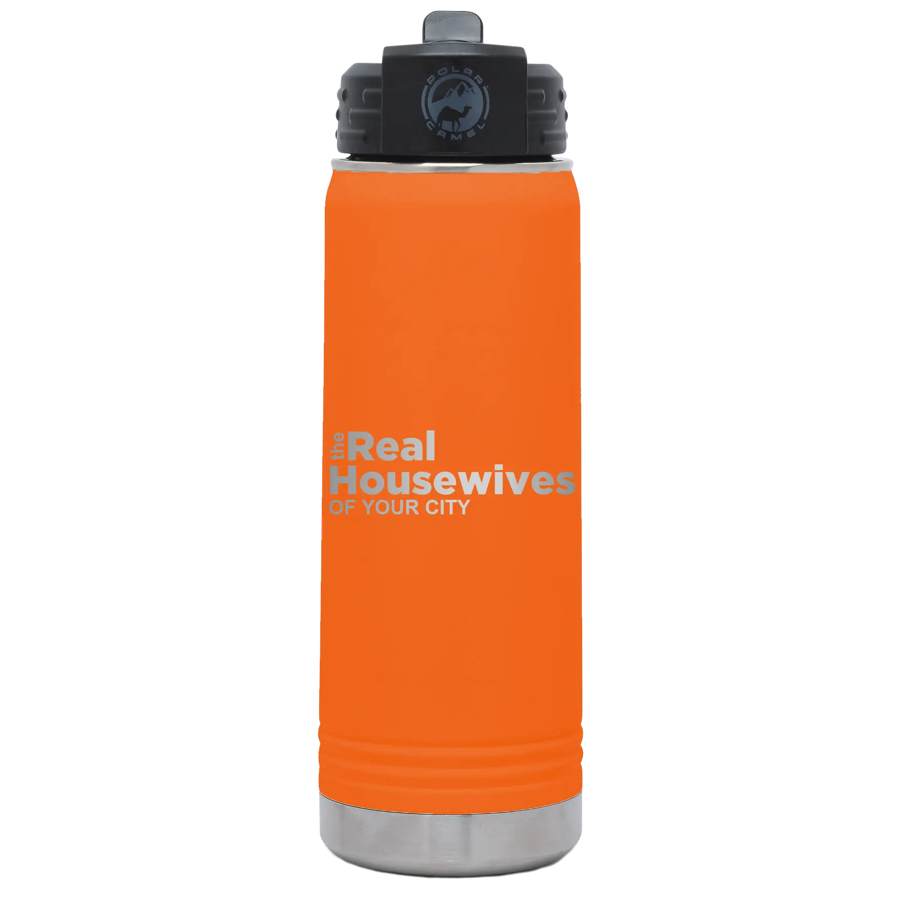 Personalized orange 20 oz vacuum insulated water bottle with 'The Real Housewives' design