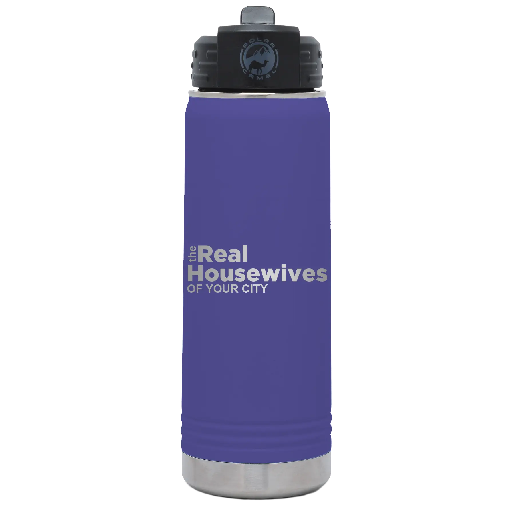 Personalized purple 20 oz vacuum insulated water bottle with 'The Real Housewives' design
