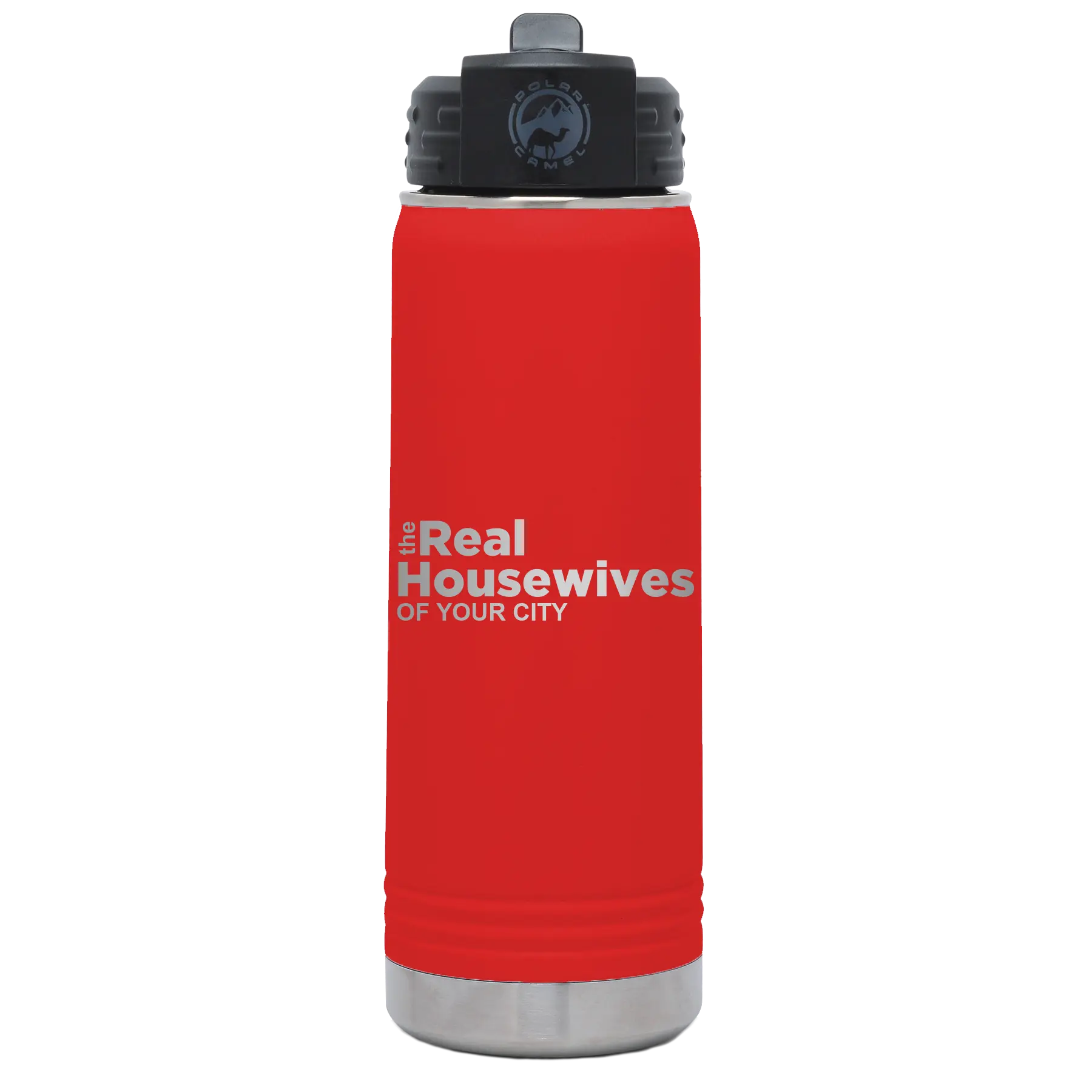 Personalized red 20 oz vacuum insulated water bottle with 'The Real Housewives' design