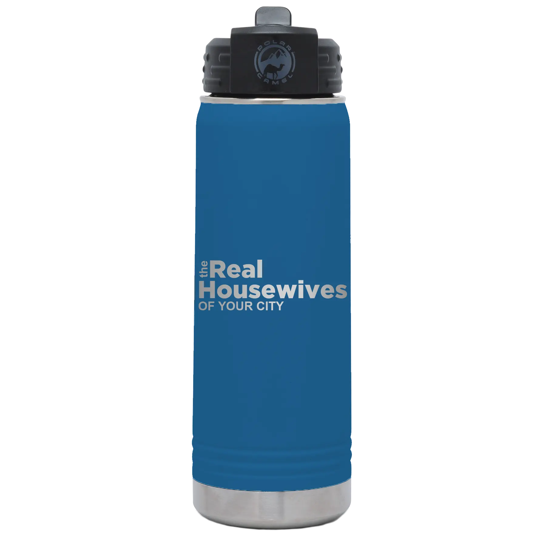 Personalized royal blue 20 oz vacuum insulated water bottle with 'The Real Housewives' design