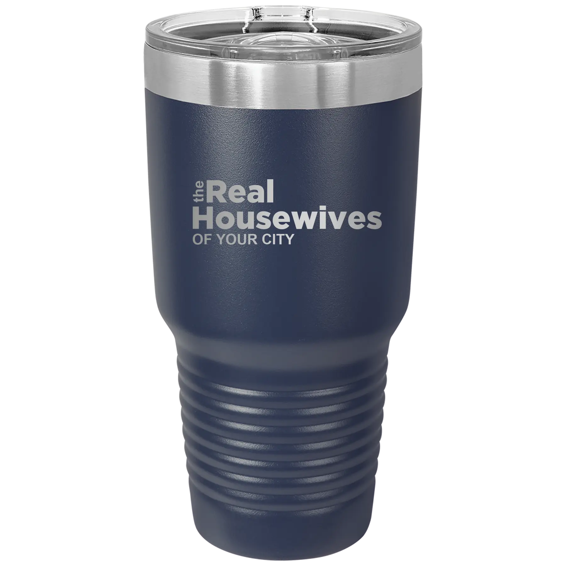 Personalized navy 30 oz vacuum insulated tumbler with 'The Real Housewives' design