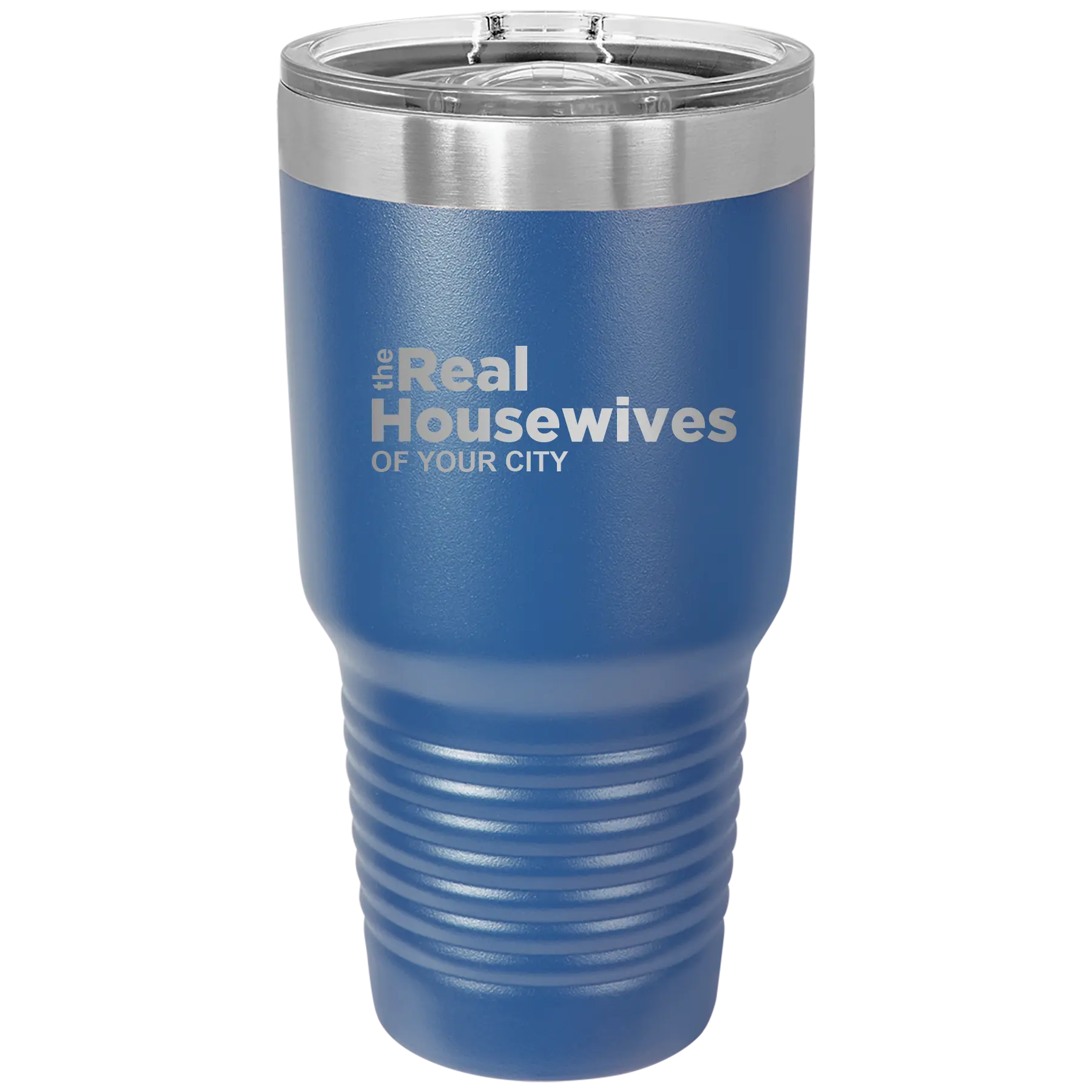 Personalized royal blue 30 oz vacuum insulated tumbler with 'The Real Housewives' design