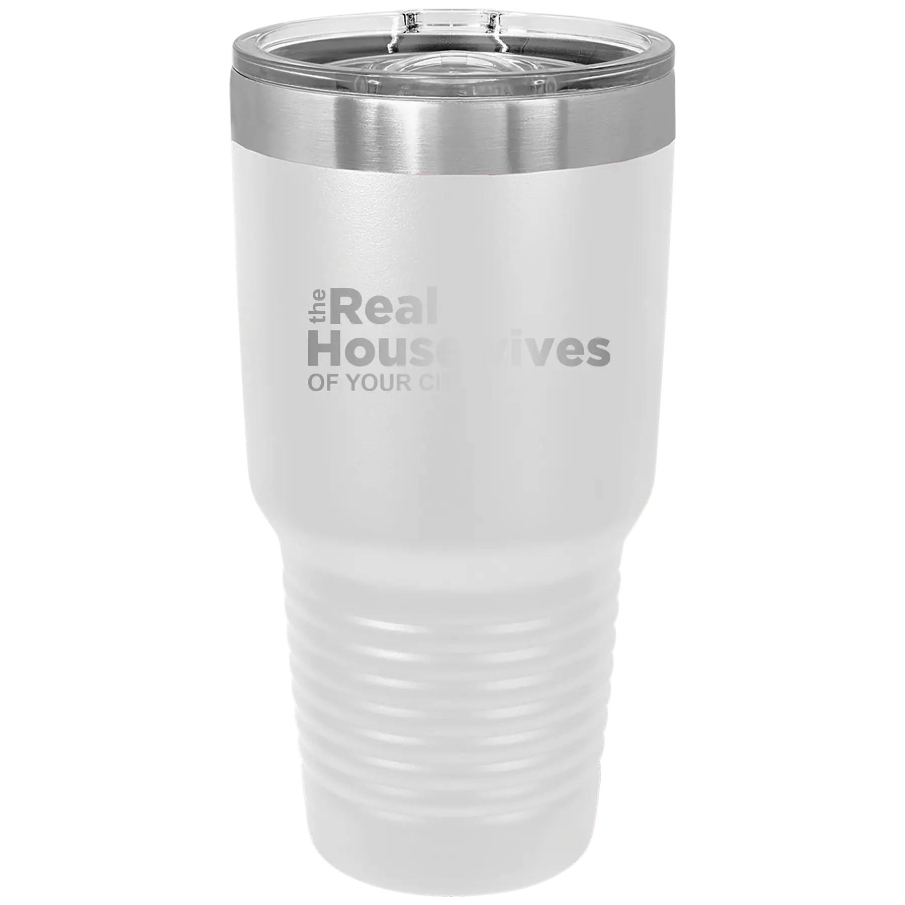 Personalized white 30 oz vacuum insulated tumbler with 'The Real Housewives' design