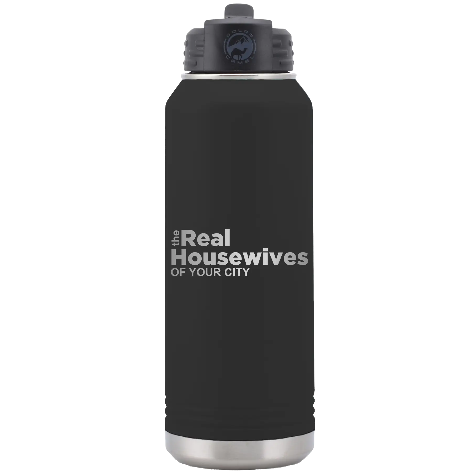 Personalized black 32 oz vacuum insulated water bottle with 'The Real Housewives' design