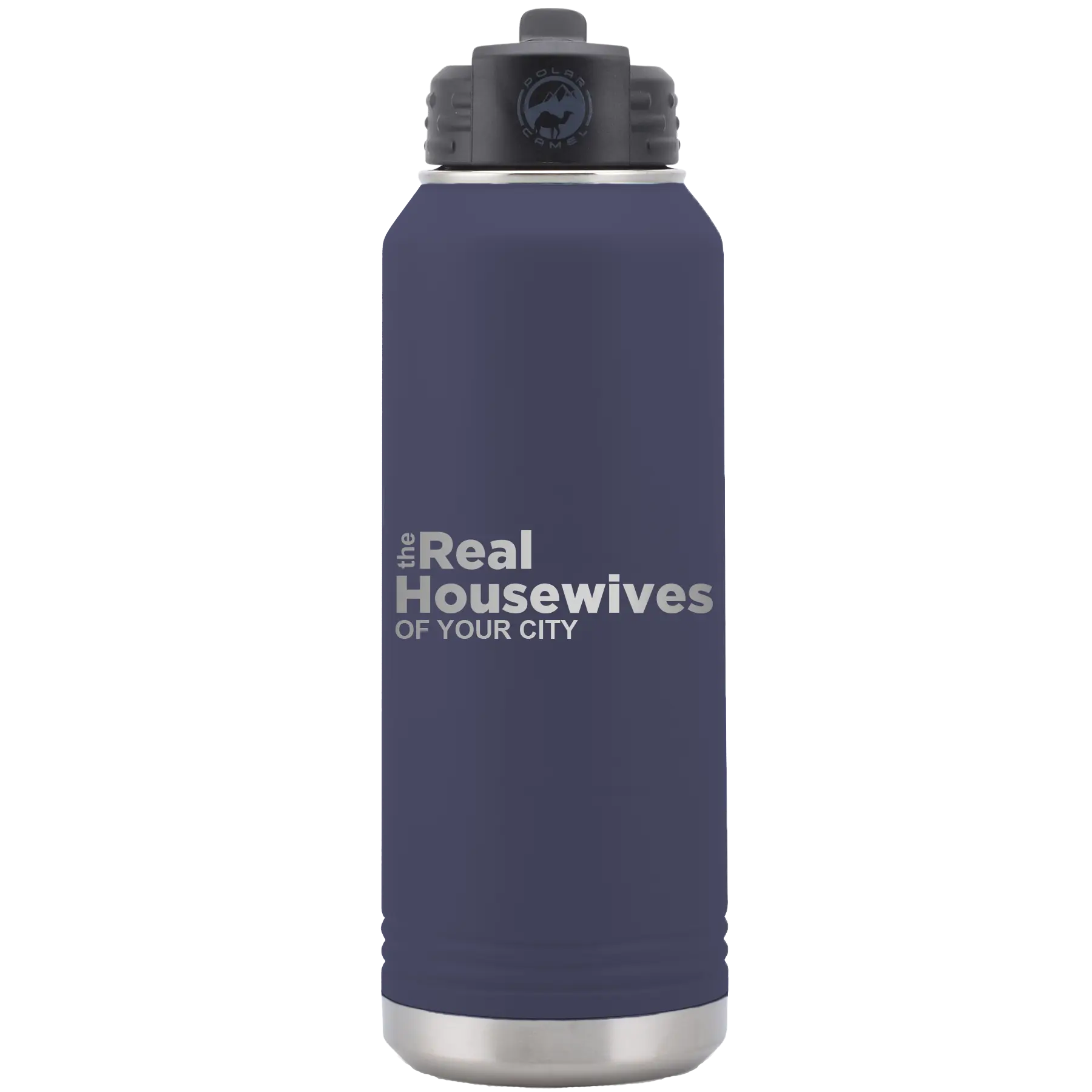 Personalized navy 32 oz vacuum insulated water bottle with 'The Real Housewives' design