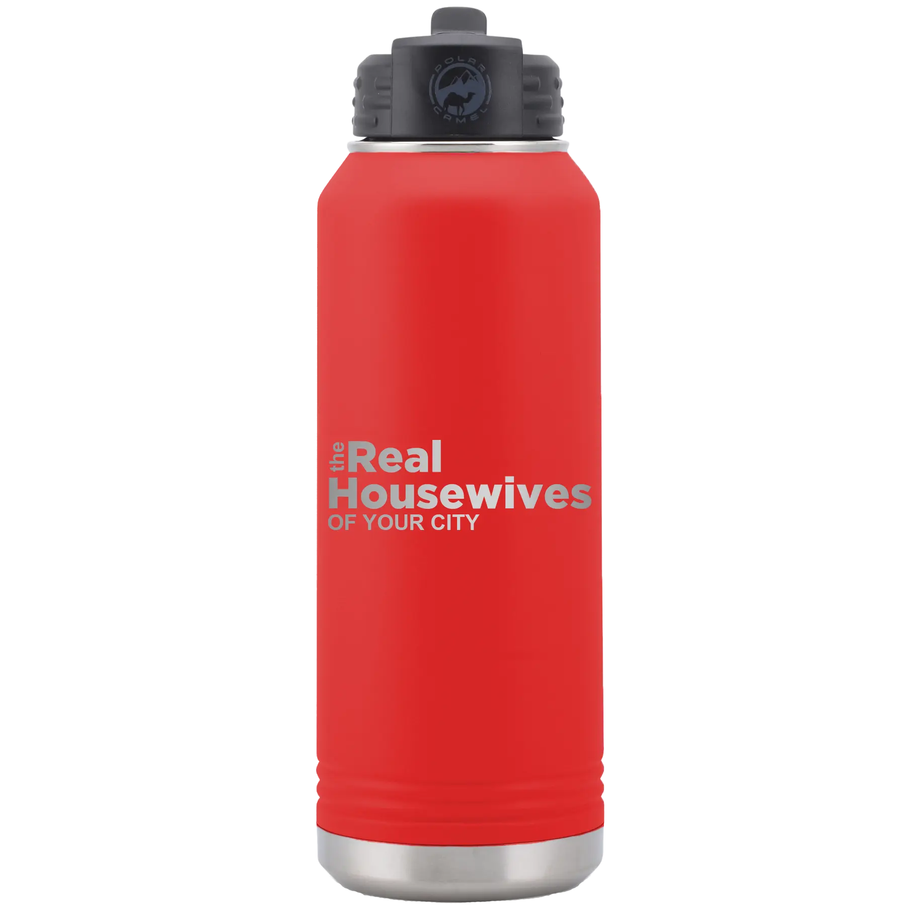 Personalized red 32 oz vacuum insulated water bottle with 'The Real Housewives' design