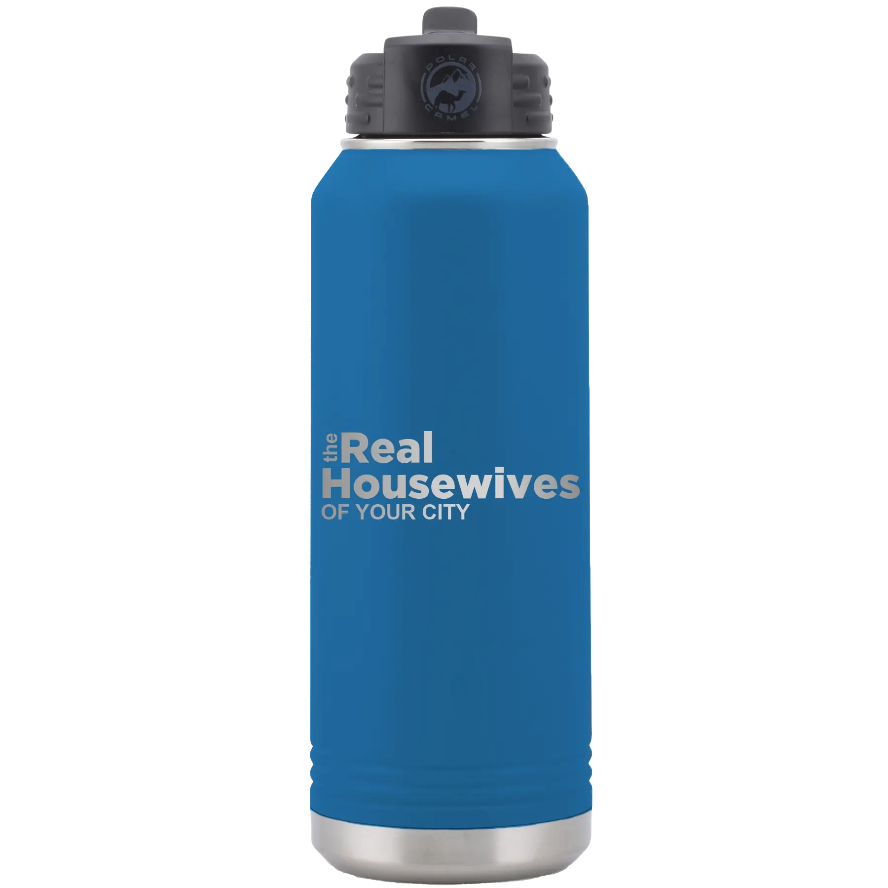 Personalized royal blue 32 oz vacuum insulated water bottle with 'The Real Housewives' design