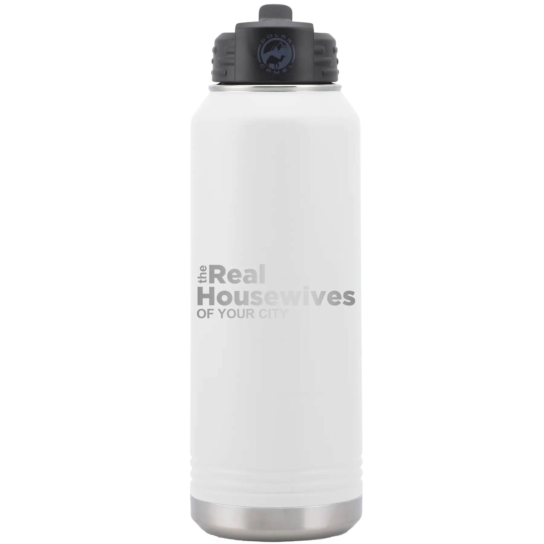 Personalized white 32 oz vacuum insulated water bottle with 'The Real Housewives' design