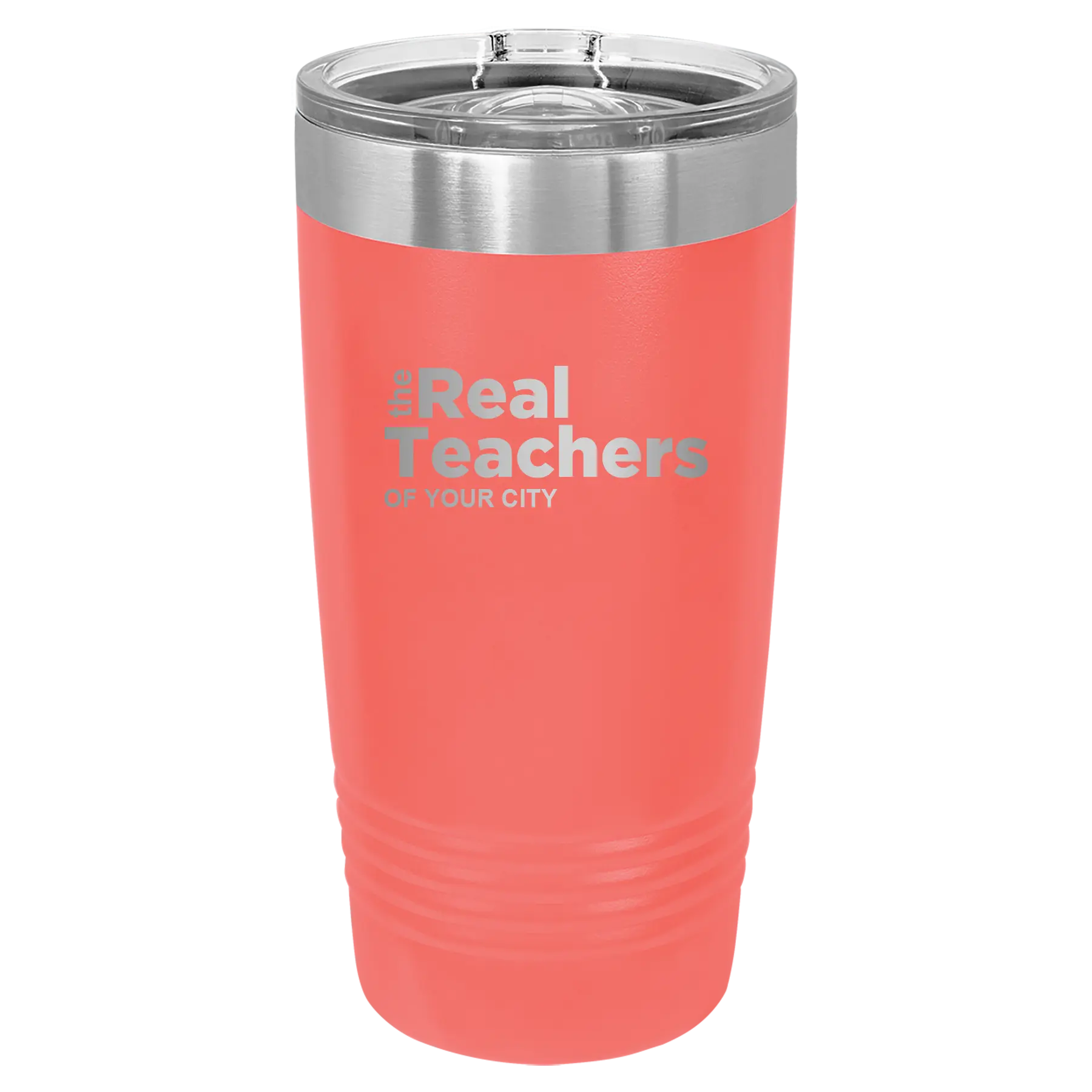 Personalized coral 20 oz vacuum insulated tumbler with 'The Real Teachers' design