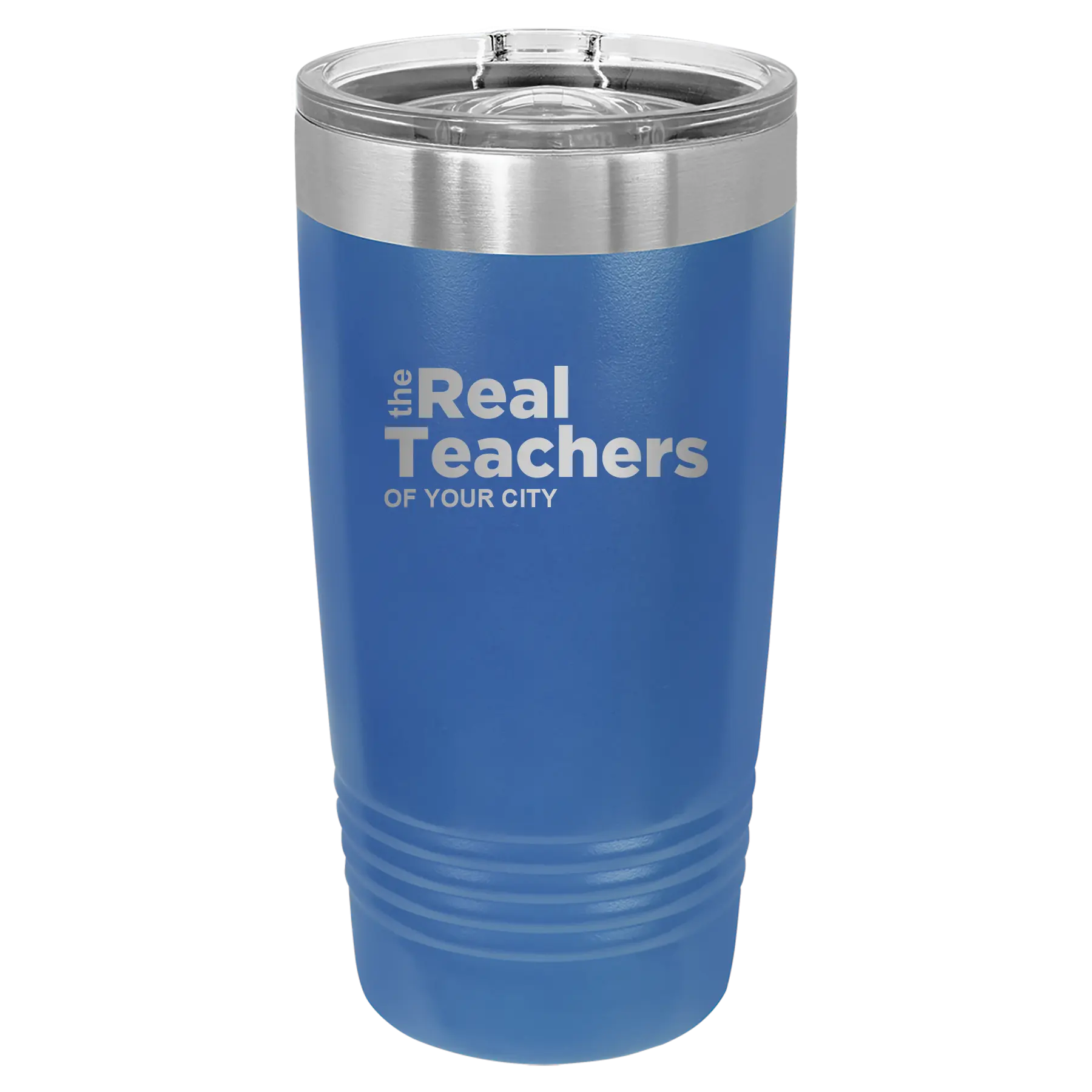 Personalized royal blue 20 oz vacuum insulated tumbler with 'The Real Teachers' design