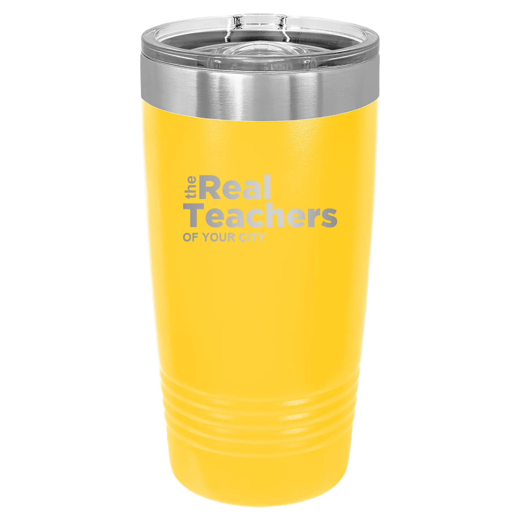 Personalized yellow 20 oz vacuum insulated tumbler with 'The Real Teachers' design