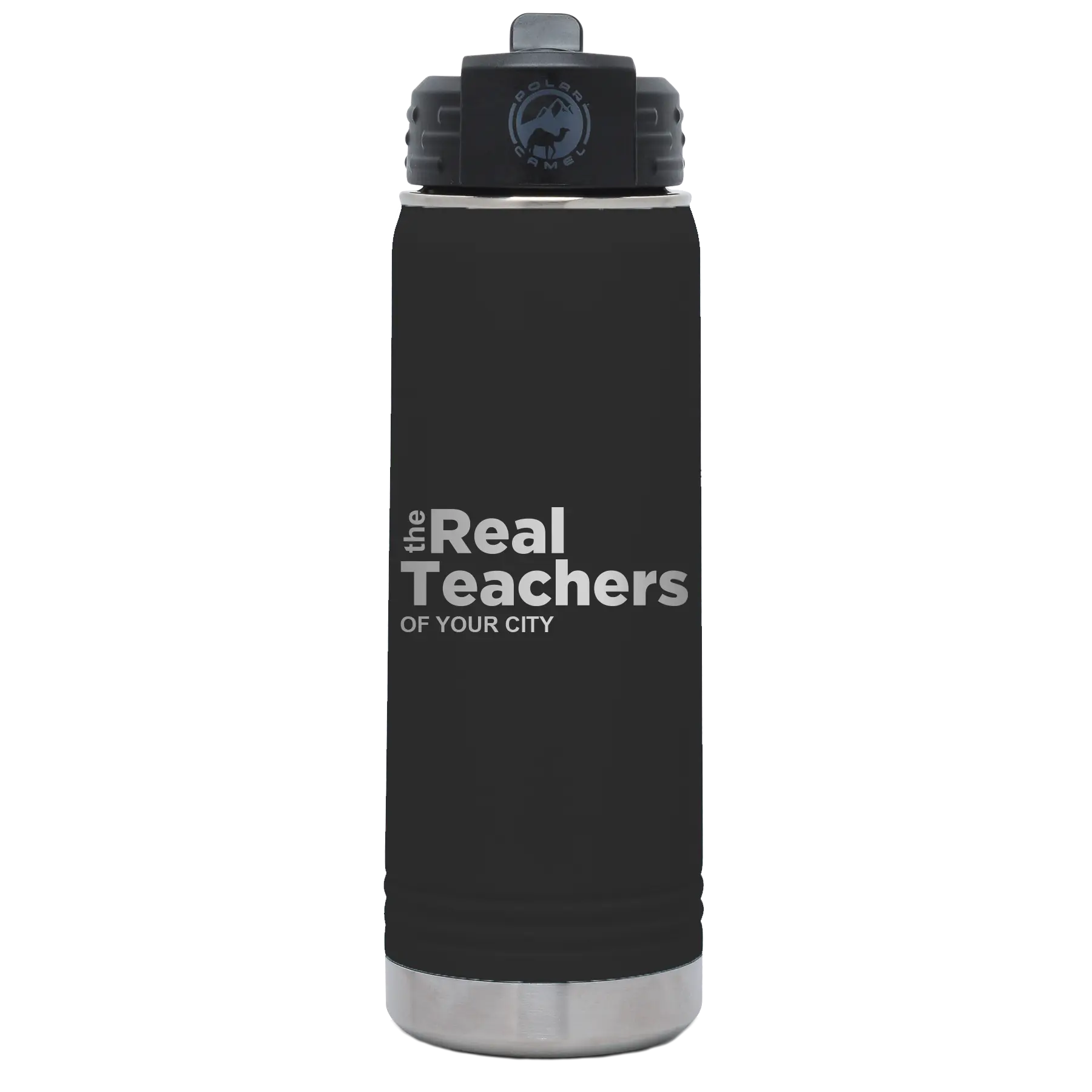 Personalized black 20 oz vacuum insulated water bottle with 'The Real Teachers' design