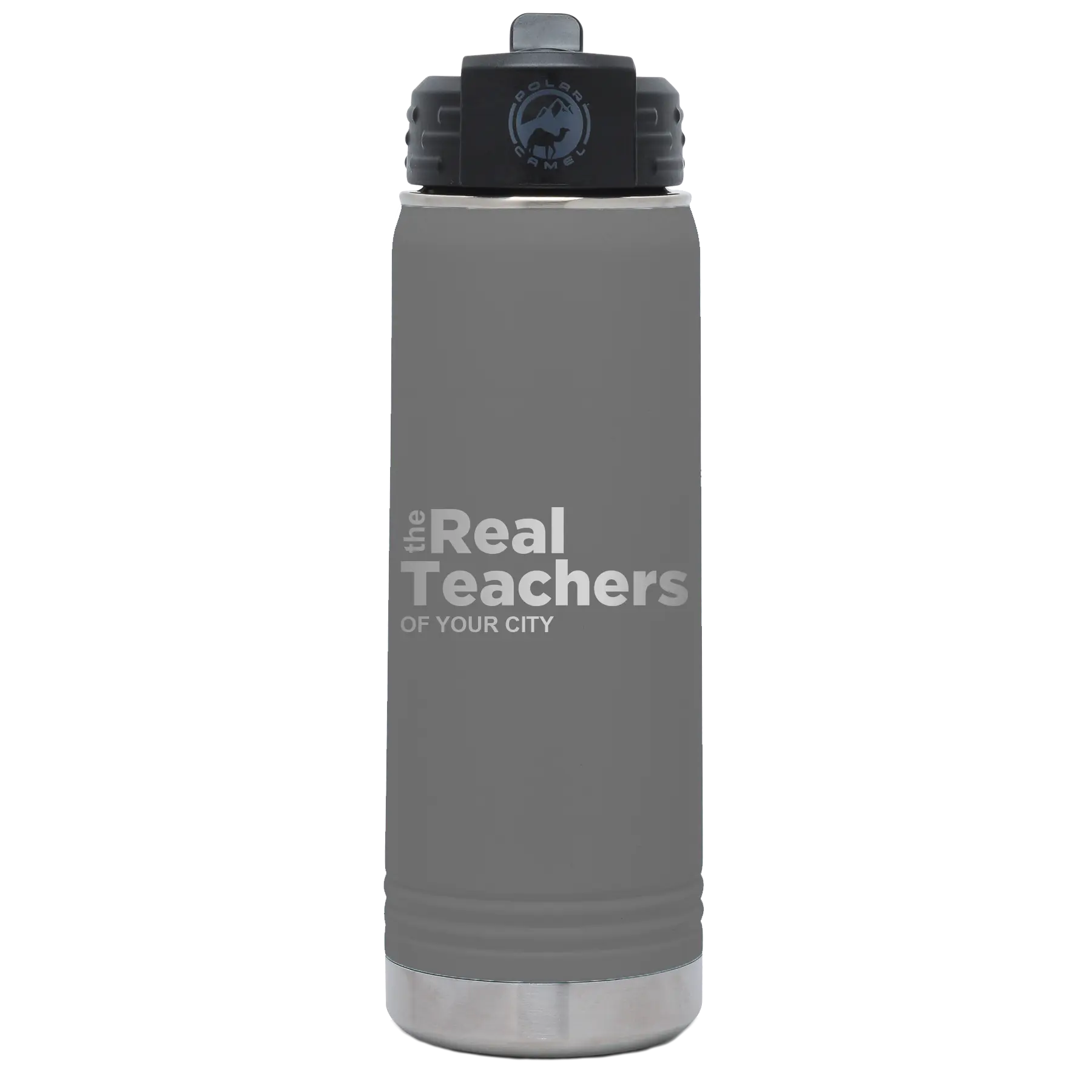 Personalized dark gray 20 oz vacuum insulated water bottle with 'The Real Teachers' design