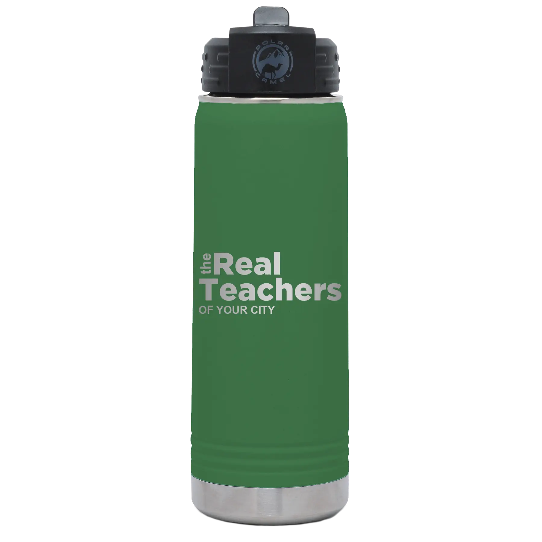 Personalized green 20 oz vacuum insulated water bottle with 'The Real Teachers' design
