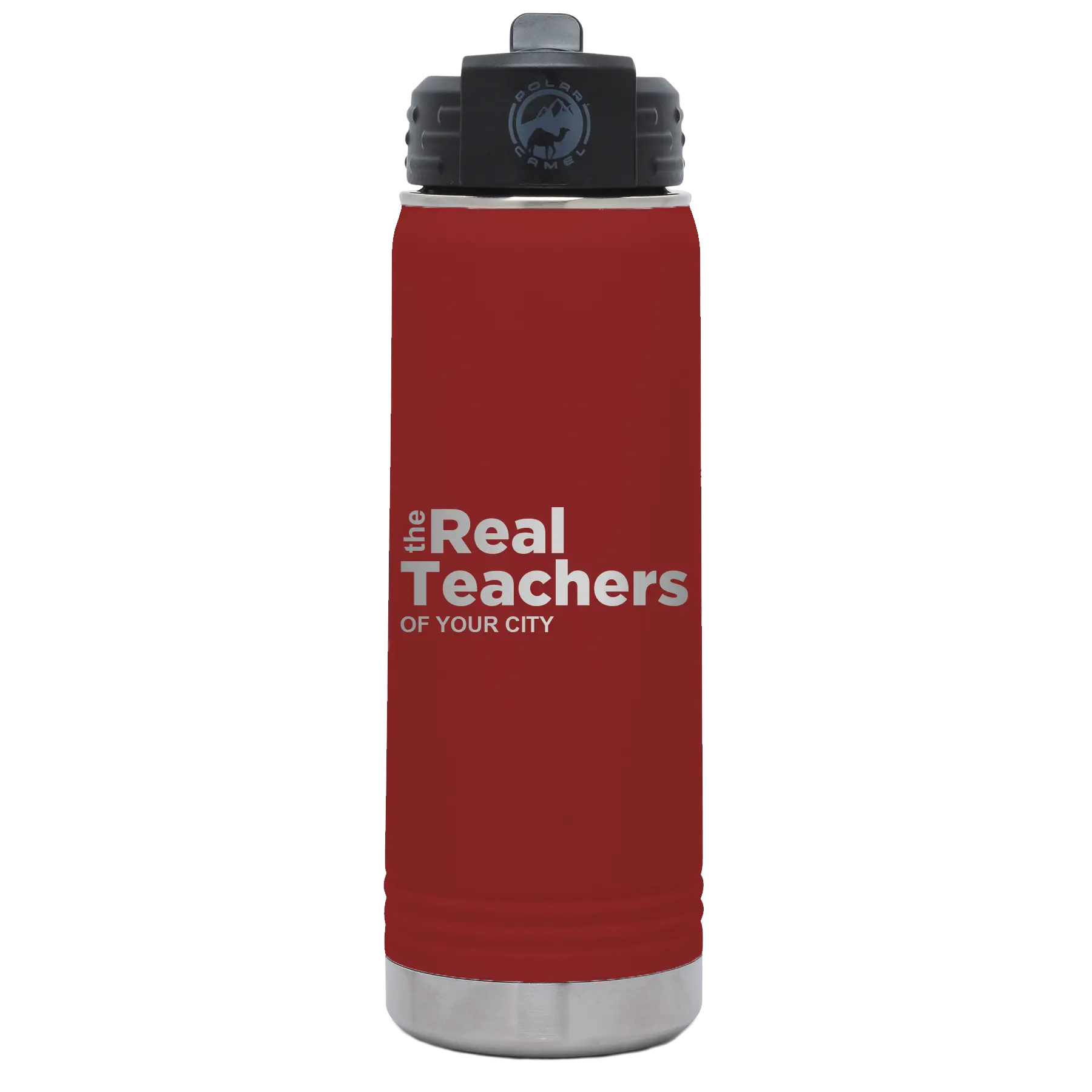 Personalized maroon 20 oz vacuum insulated water bottle with 'The Real Teachers' design