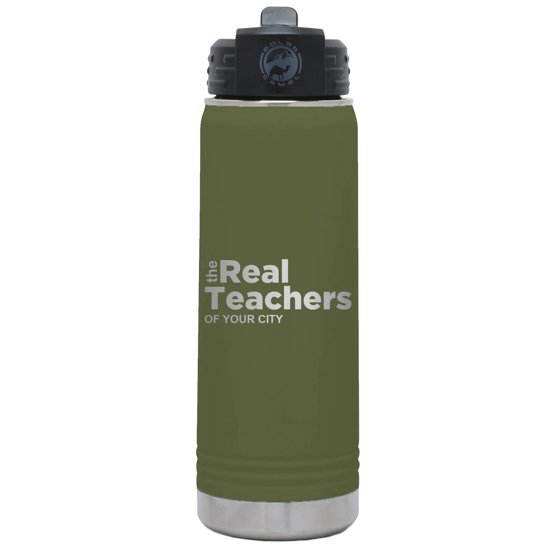 Personalized olive green 20 oz vacuum insulated water bottle with 'The Real Teachers' design