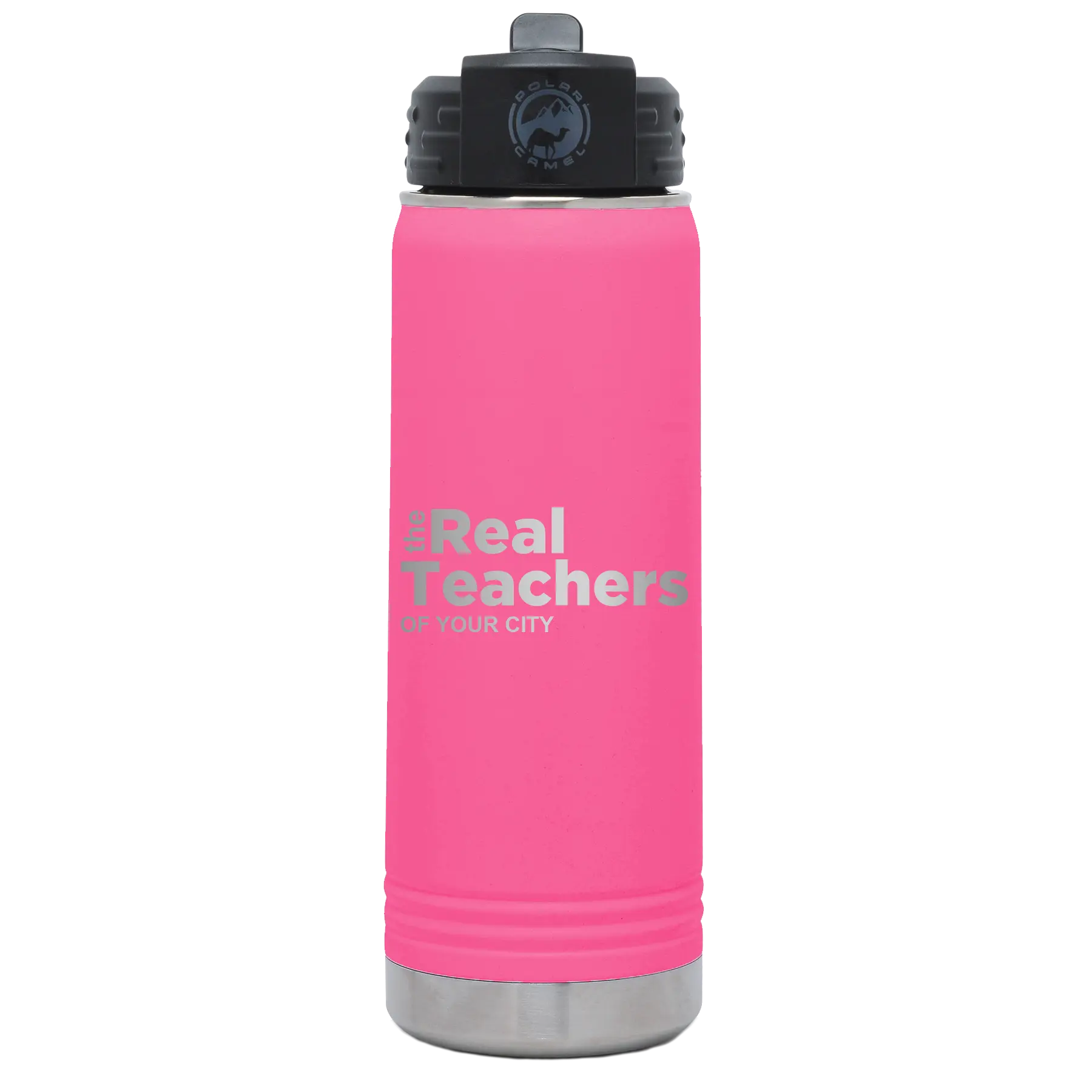 Personalized pink 20 oz vacuum insulated water bottle with 'The Real Teachers' design