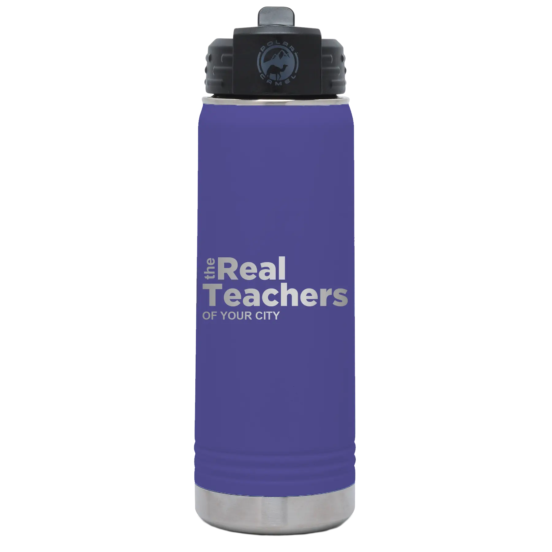 Personalized purple 20 oz vacuum insulated water bottle with 'The Real Teachers' design