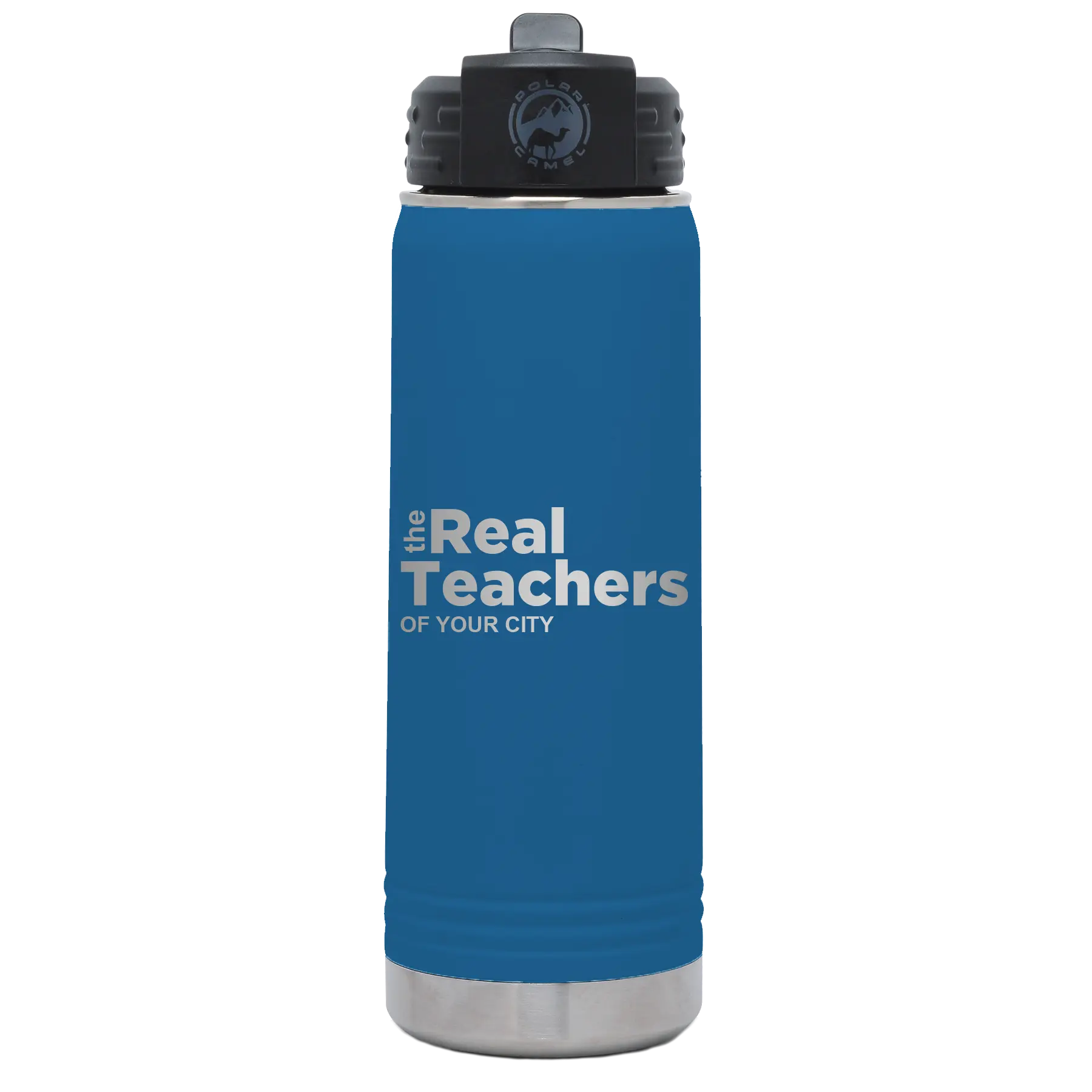 Personalized royal blue 20 oz vacuum insulated water bottle with 'The Real Teachers' design