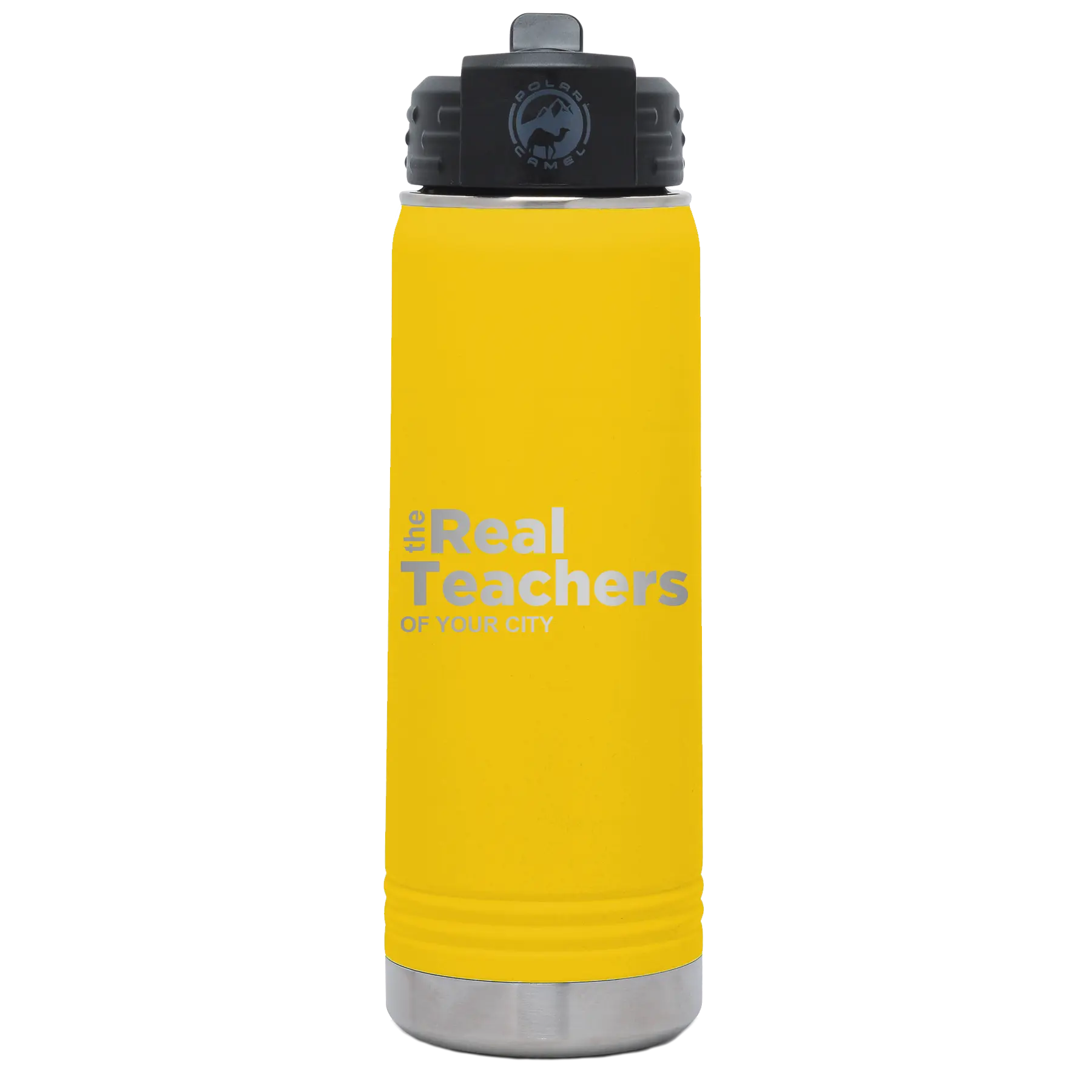 Personalized yellow 20 oz vacuum insulated water bottle with 'The Real Teachers' design