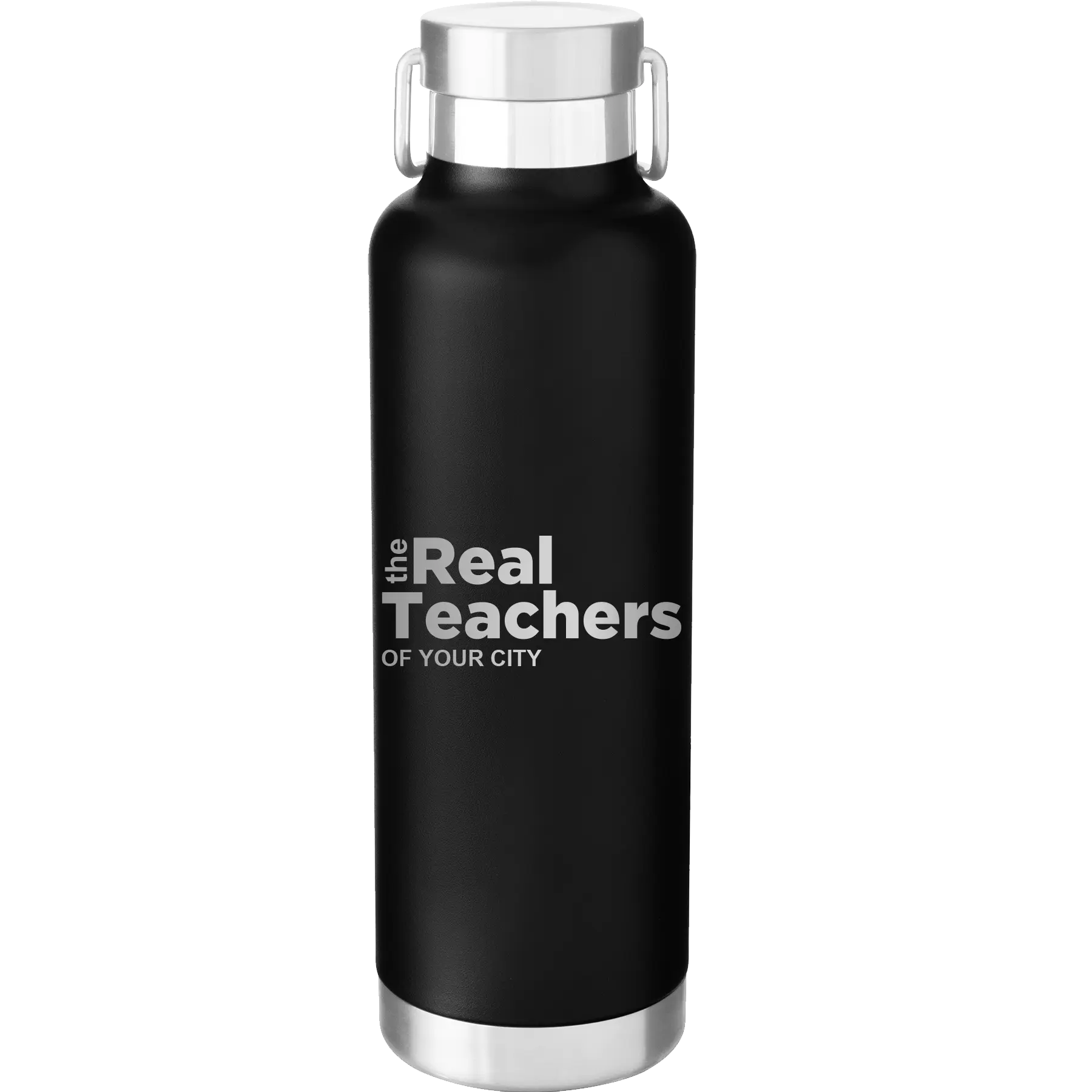 Personalized black 24 oz vacuum insulated water bottle with 'The Real Teachers' design