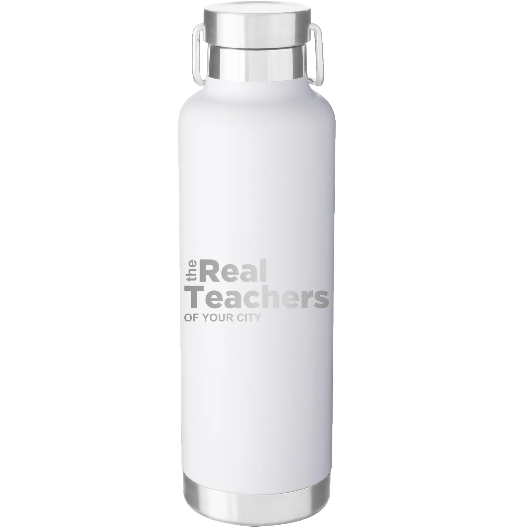 Personalized white 24 oz vacuum insulated water bottle with 'The Real Teachers' design